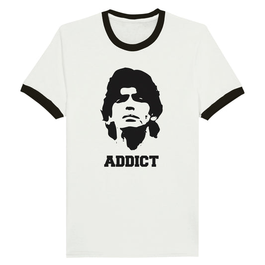 Addict - Diego Maradona Unisex Ringer T-shirt White and Black - Rampage Design Studio