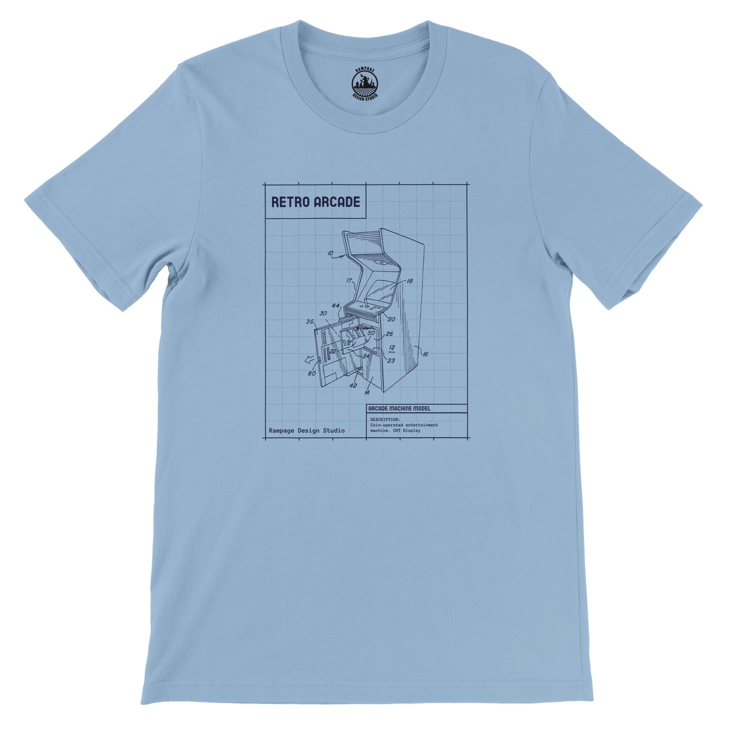 Retro Arcade Machine Blueprint T-Shirt – Soft, Eco-Friendly, Unisex Fit - Rampage Design Studio