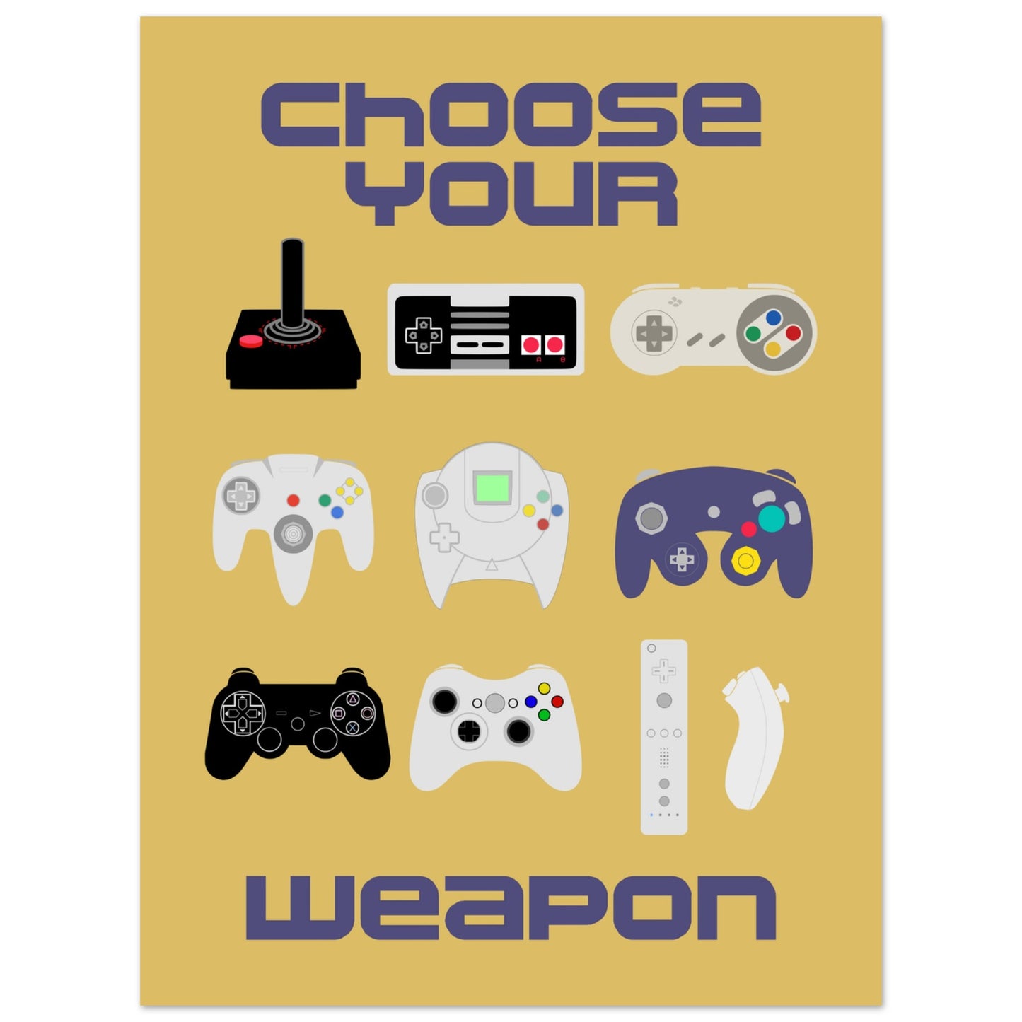 Choose Your Weapon Retro Poster, Vintage Gaming Controllers Art Print, Gift for Gamers, Boys room poster, gaming room poster - Rampage Design Studio