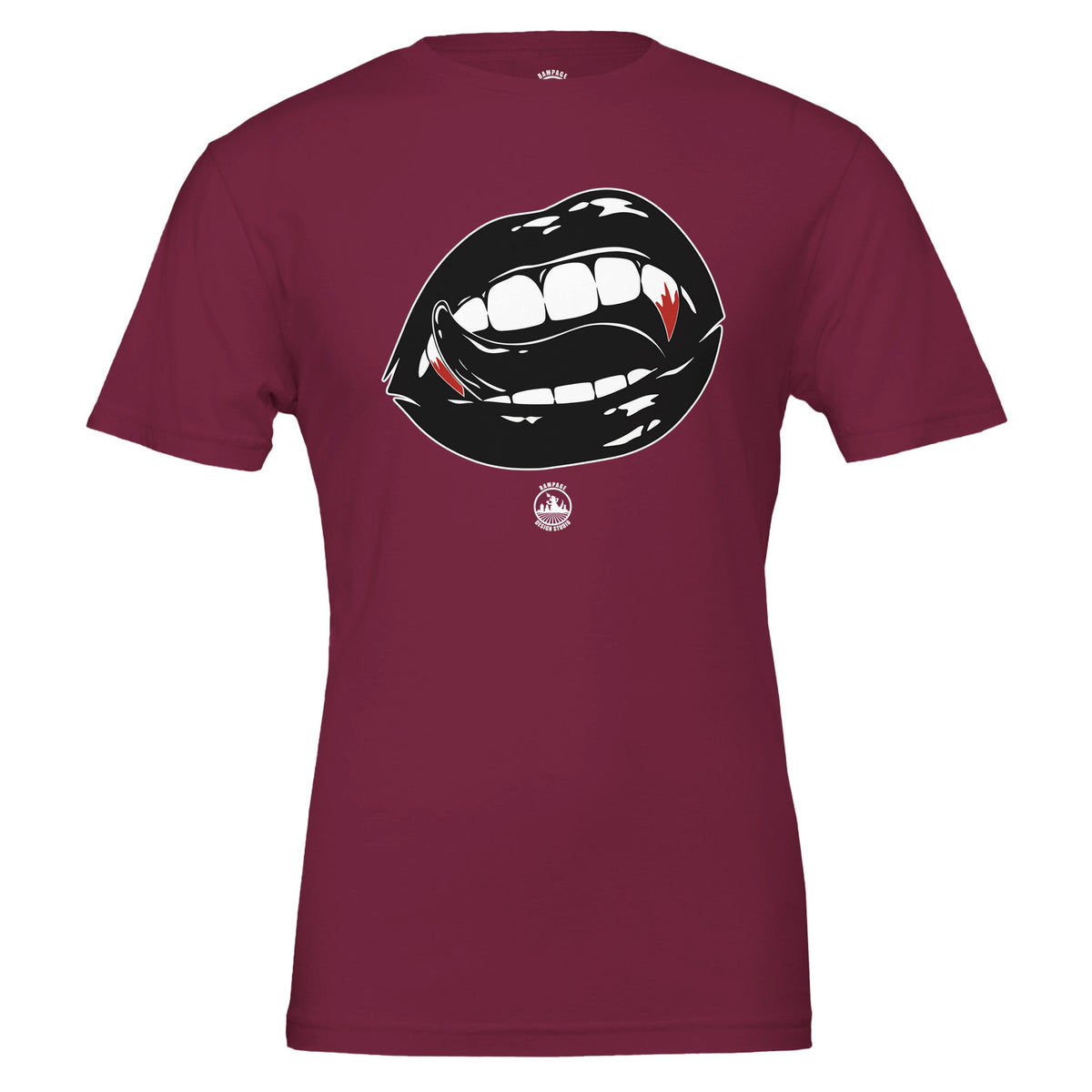 A maroon short-sleeve crewneck t-shirt featuring a graphic of vampire lips with white teeth and red fangs, on a plain white background.