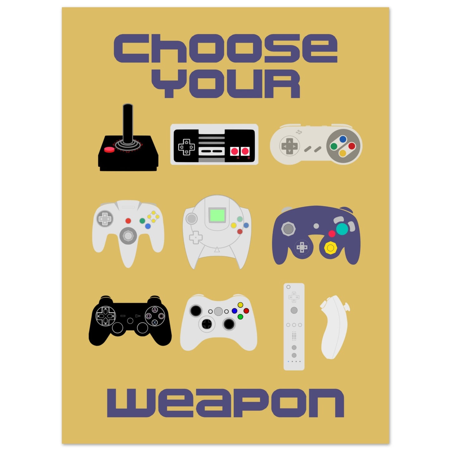 Choose Your Weapon Retro Poster, Vintage Gaming Controllers Art Print, Gift for Gamers, Boys room poster, gaming room poster - Rampage Design Studio