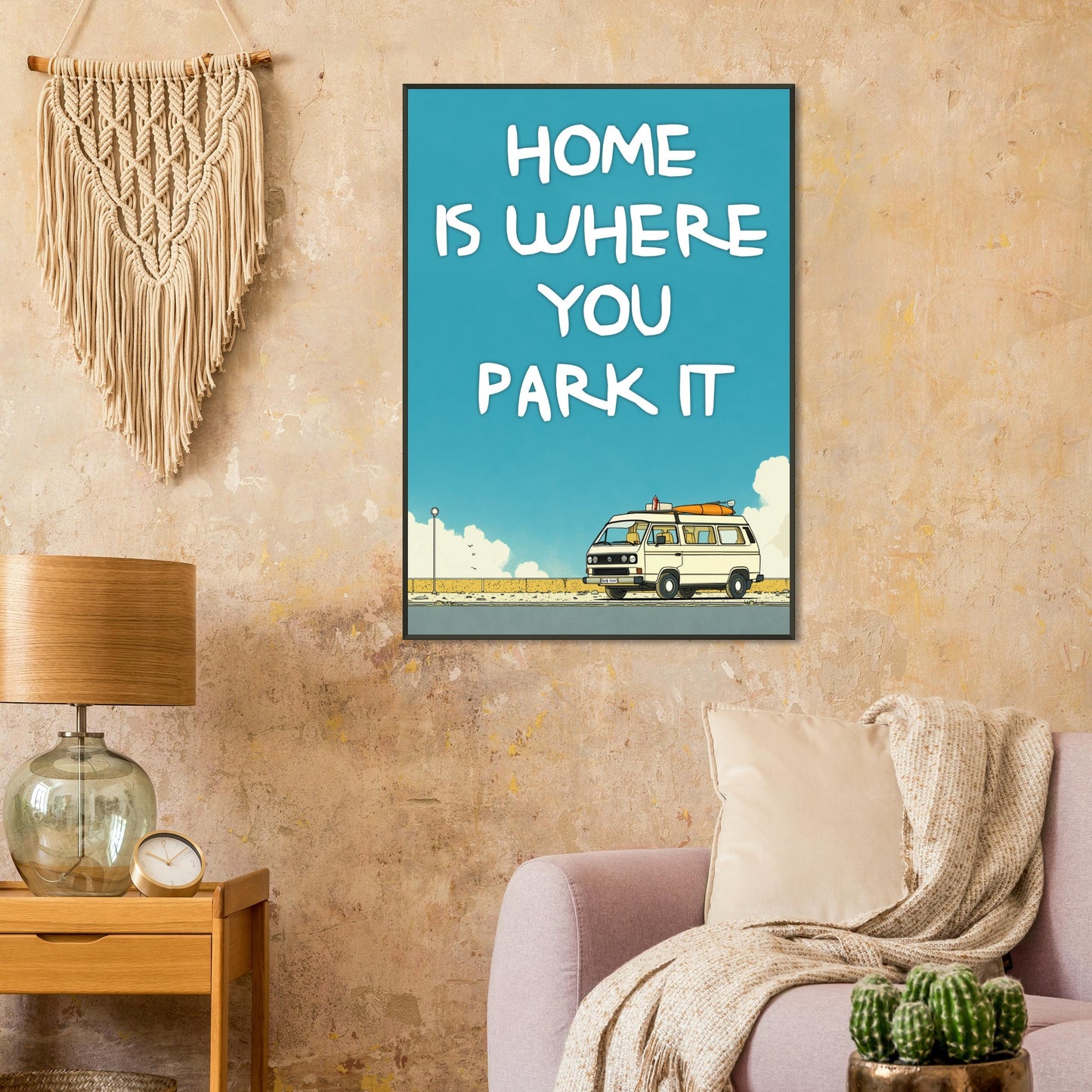 “Home Is Where You Park It” Camper Van Classic Matte Paper Metal Framed Poster – Retro VW Print, Van Life Wall Art, Coastal Adventure Decor, Gift for Van Lifers, Camping Gift - Rampage Design Studio