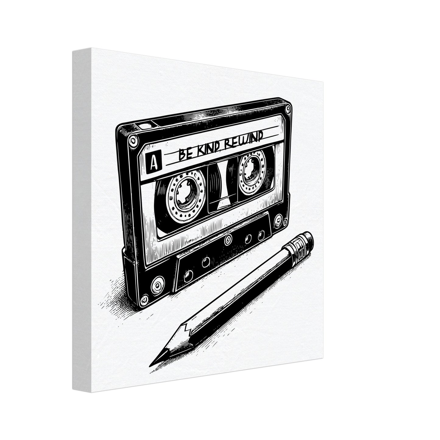 Be Kind Rewind Canvas Print, Retro Cassette Tape & Pencil Illustration, cassette tape sign, music lovers gift, record shop sign - Rampage Design Studio