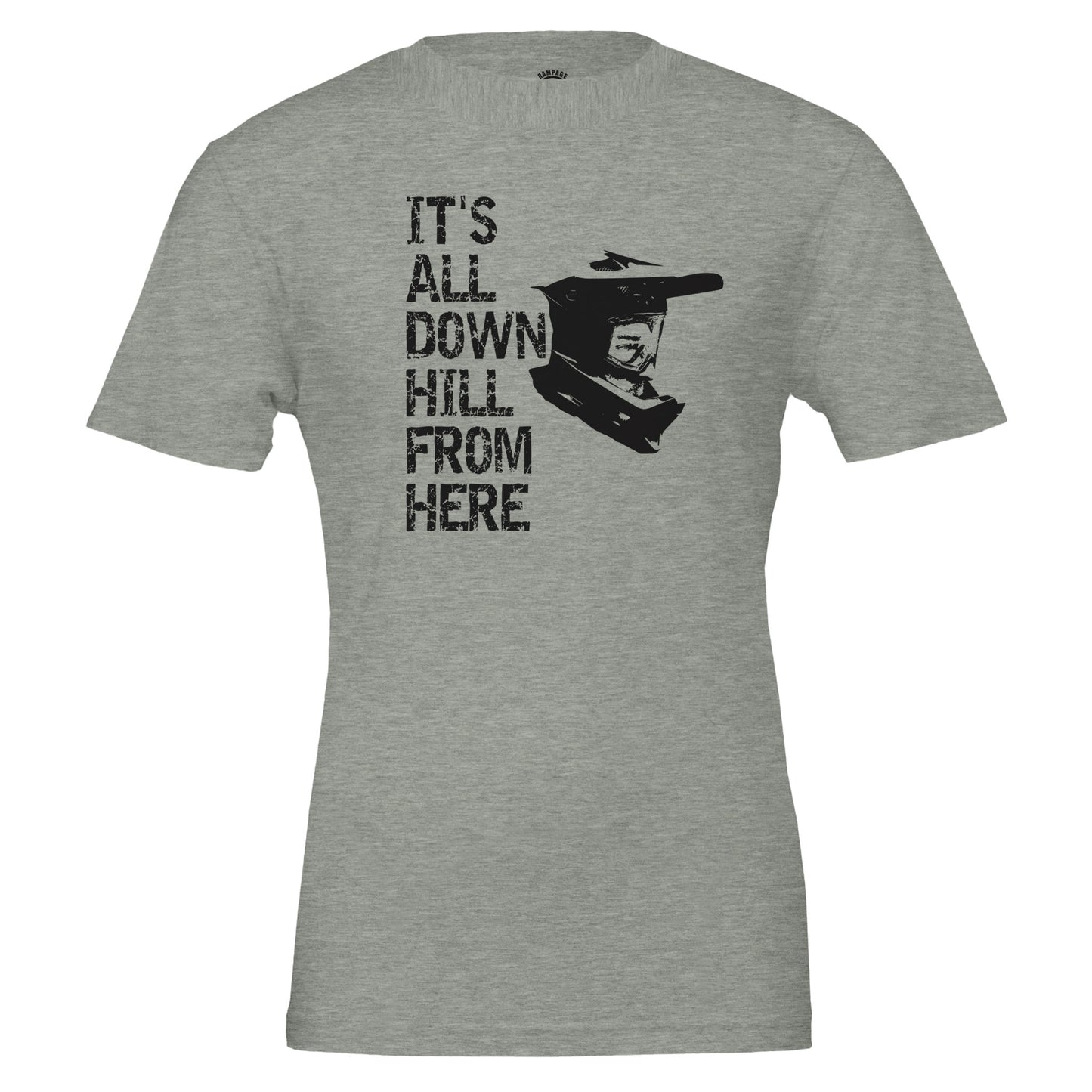 Mountain Biking T-Shirt  - 'It's All Downhill From Here' Helmet Design, Soft & Eco-Friendly - Rampage Design Studio