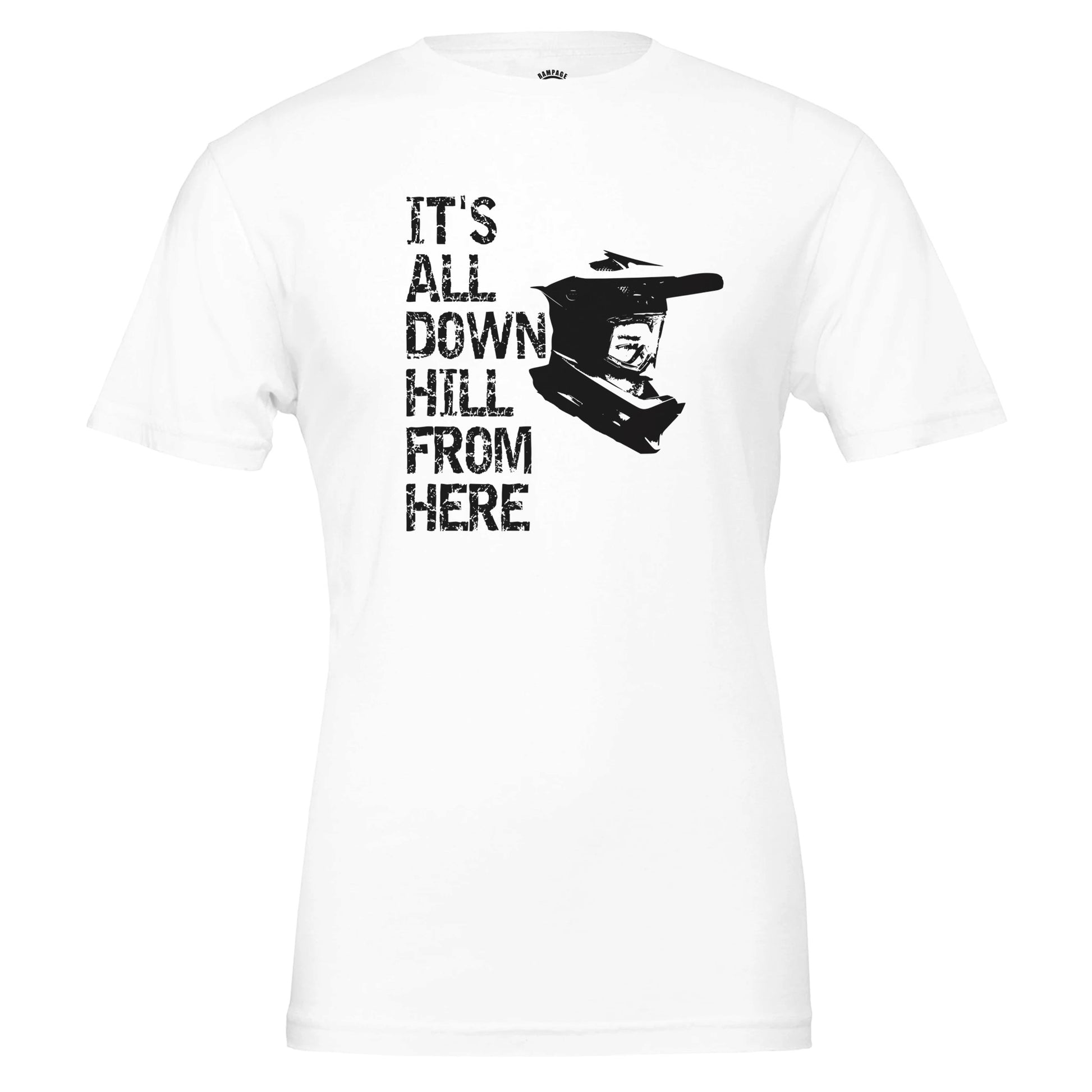 Mountain Biking T-Shirt  - 'It's All Downhill From Here' Helmet Design, Soft & Eco-Friendly - Rampage Design Studio
