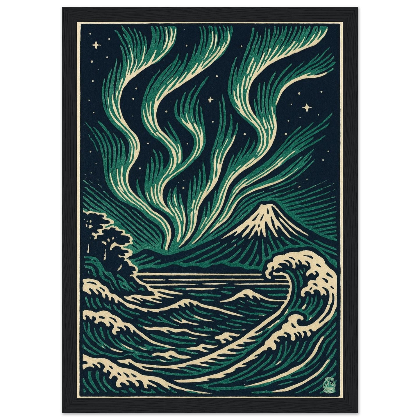 Aurora Night Waves – Japanese Linocut Style Framed Wall Art Print - Rampage Design Studio