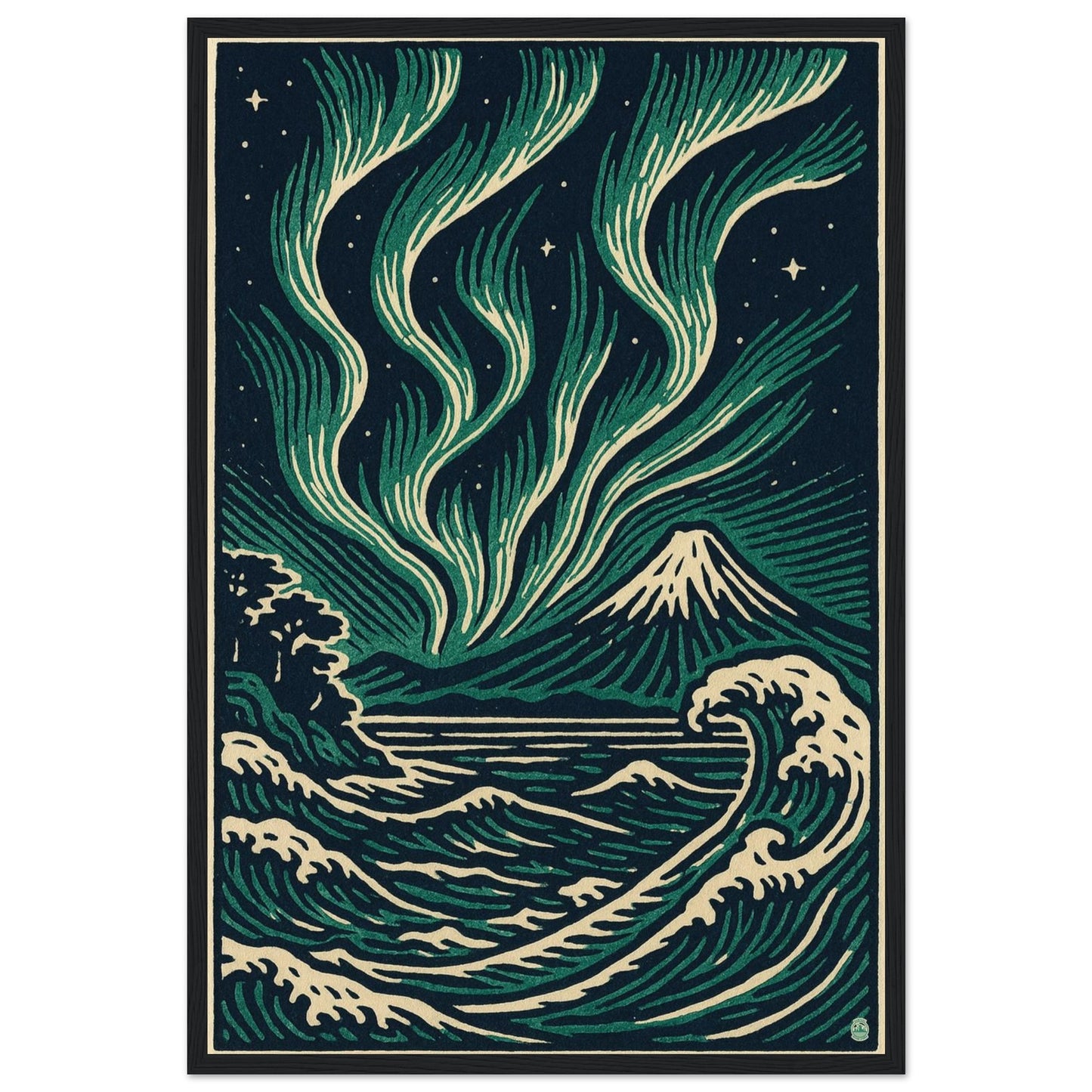 Aurora Night Waves – Japanese Linocut Style Framed Wall Art Print - Rampage Design Studio