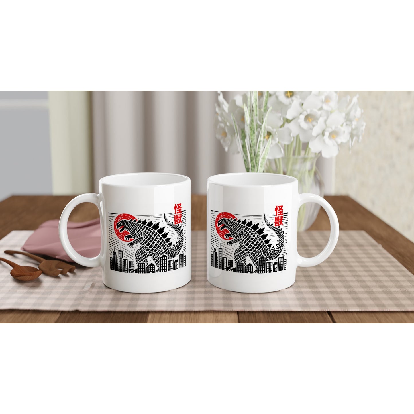 Kaiju Cityscape Mug – Japanese Style Block Print, Dishwasher & Microwave Safe Ceramic - Rampage Design Studio