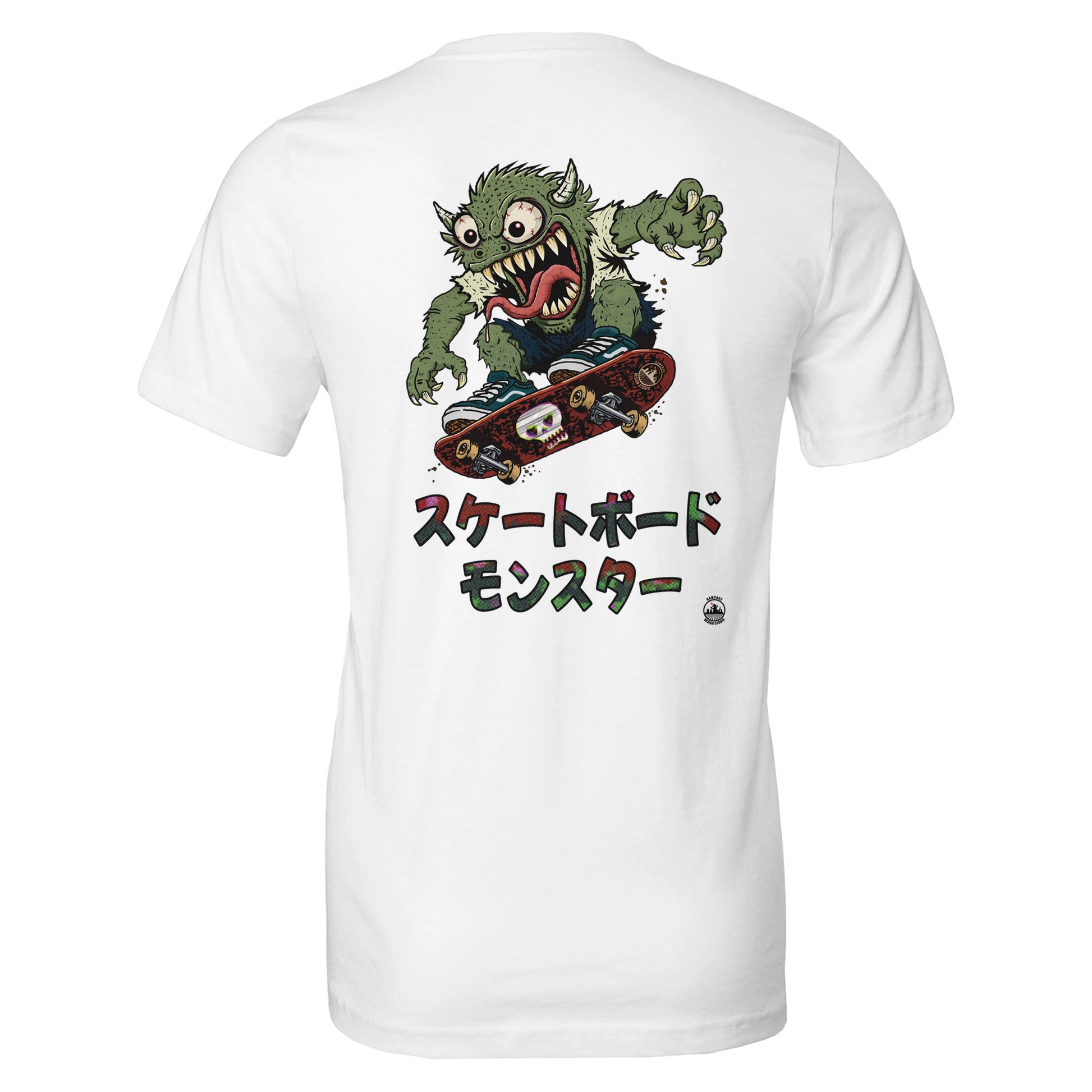 White short-sleeve t-shirt showing the back with a large graphic of a green cartoon monster riding a skateboard, with Japanese text underneath.