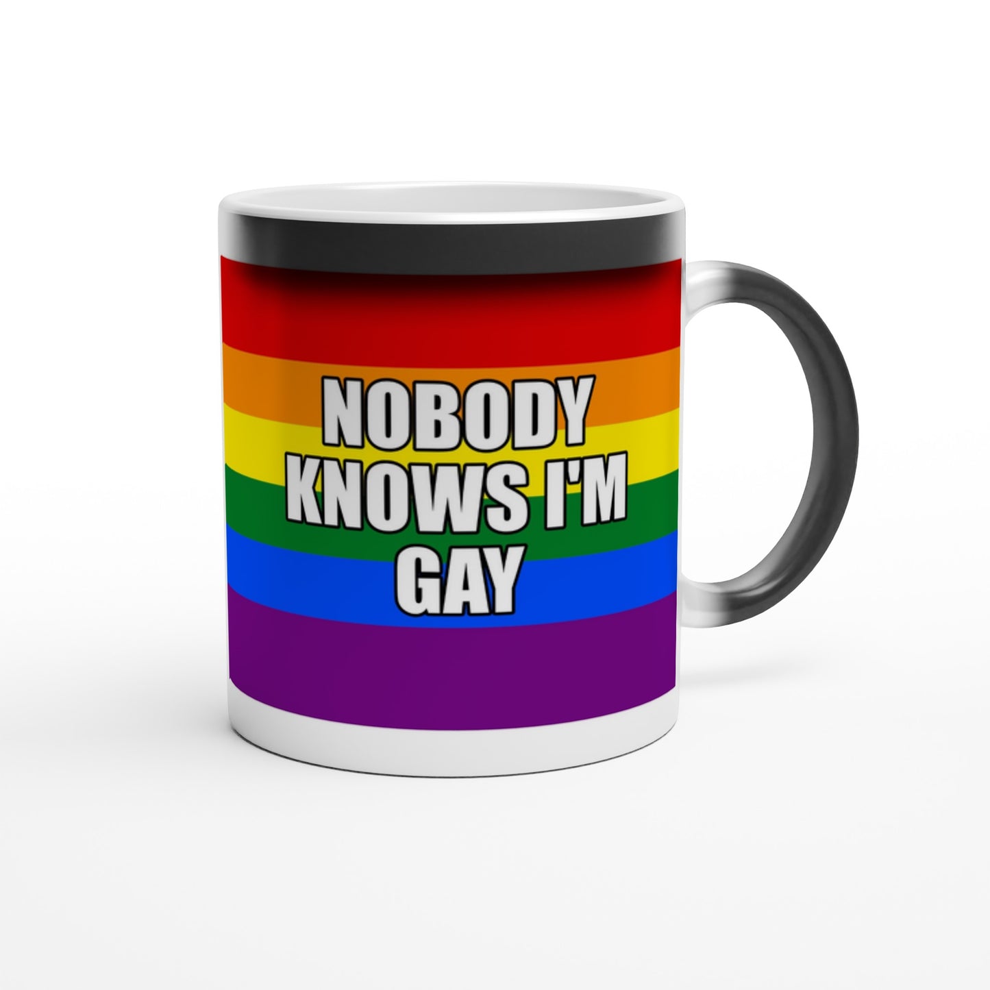 Funny Heat Reveal Mug, 'NOBODY KNOWS I'M GAY' Design, Rainbow Colour Mug, Black Glossy Finish, LGBTQ+ Design Mug, Colour Changing Mug - Rampage Design Studio