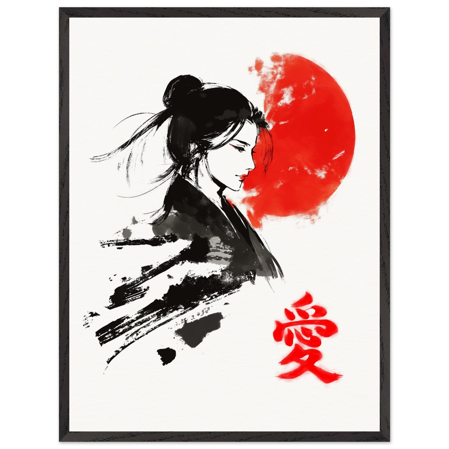 Japanese Woman Art Print Rising Sun Love Kanji Elegant Sumi-e Wall Decor Japanese Art Poster Love Poster - Rampage Design Studio