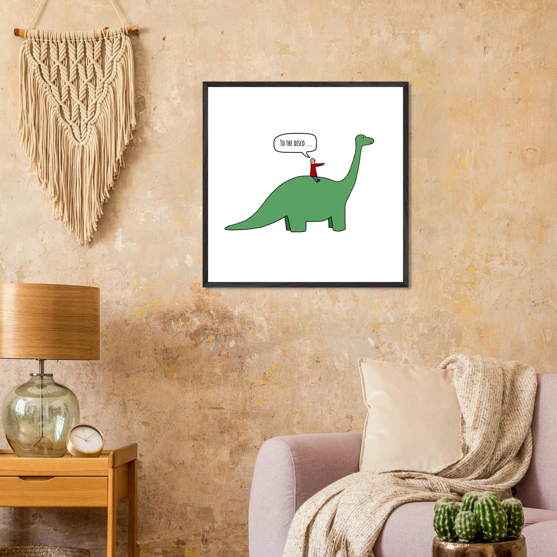 Funny Dinosaur Framed Poster, To The Disco, Dance Themed Art, Music Art, Dinosaur Art, Cartoon Decor, Ready-to-Hang, Sustainable Wood Frame, Perfect for Kids' Rooms - Rampage Design Studio