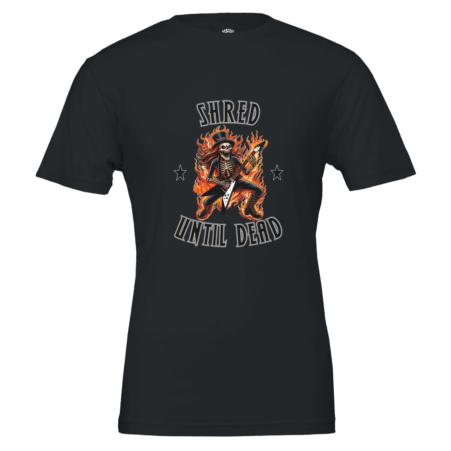Flaming Skeleton Guitarist T-Shirt – 'Shred Until Dead' Graphic Tee in Soft Cotton - Rampage Design Studio