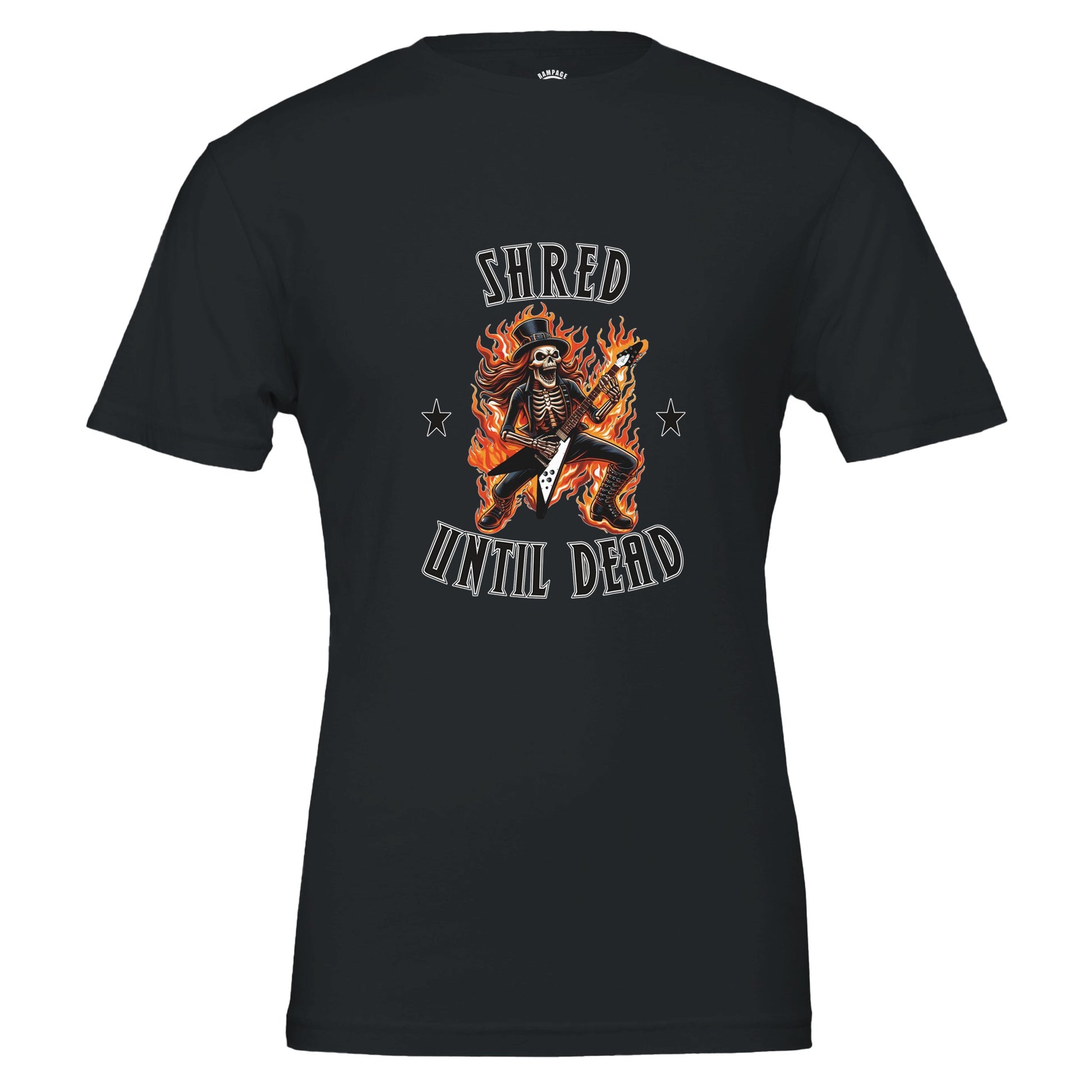 Flaming Skeleton Guitarist T-Shirt – 'Shred Until Dead' Graphic Tee in Soft Cotton - Rampage Design Studio