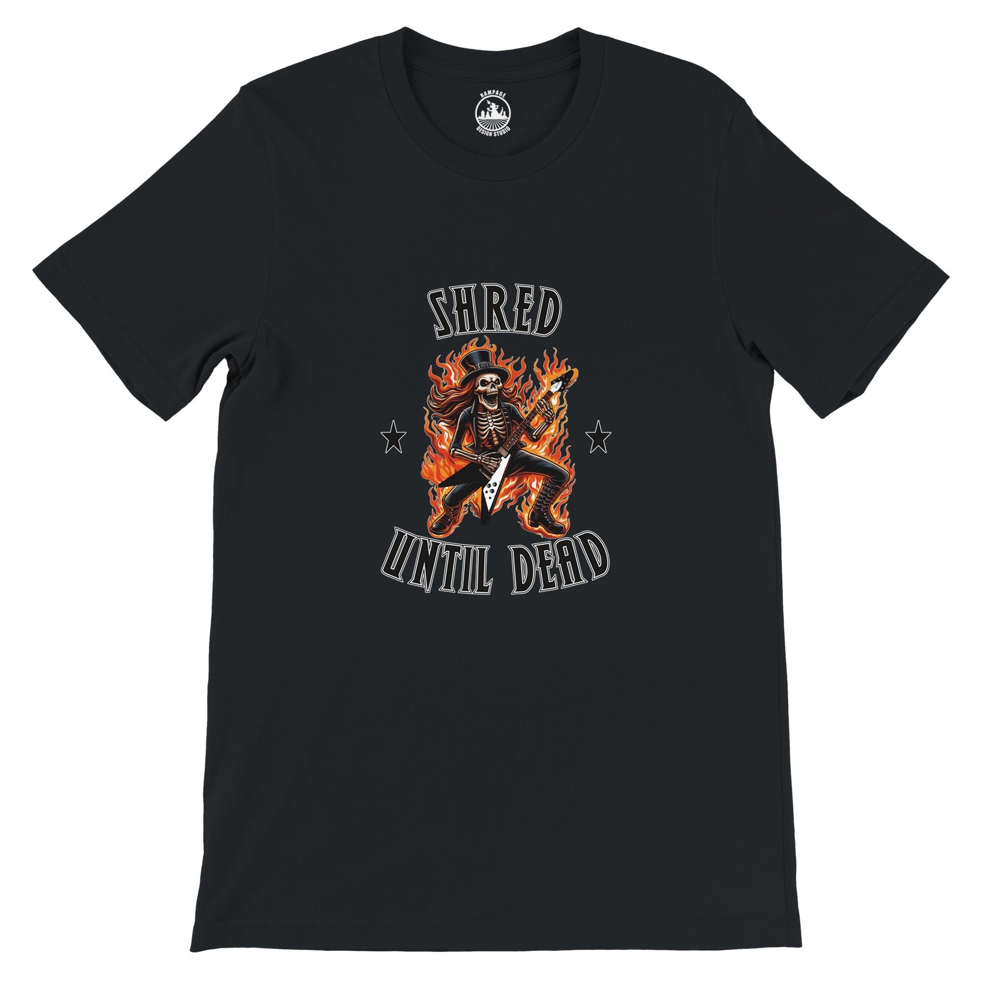 Flaming Skeleton Guitarist T-Shirt – 'Shred Until Dead' Graphic Tee in Soft Cotton - Rampage Design Studio