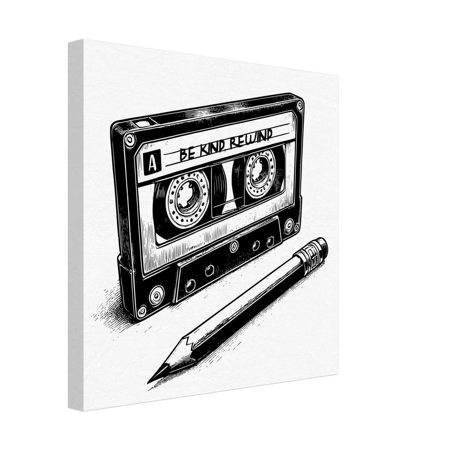 Be Kind Rewind Canvas Print, Retro Cassette Tape & Pencil Illustration, cassette tape sign, music lovers gift, record shop sign - Rampage Design Studio
