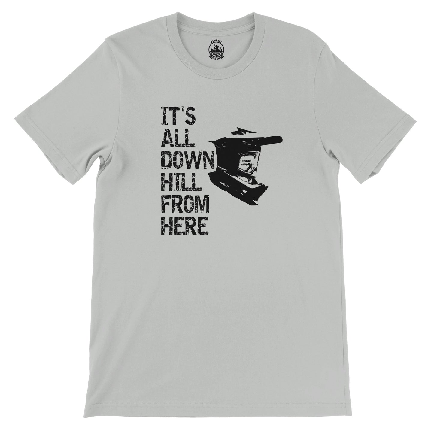 Mountain Biking T-Shirt  - 'It's All Downhill From Here' Helmet Design, Soft & Eco-Friendly - Rampage Design Studio