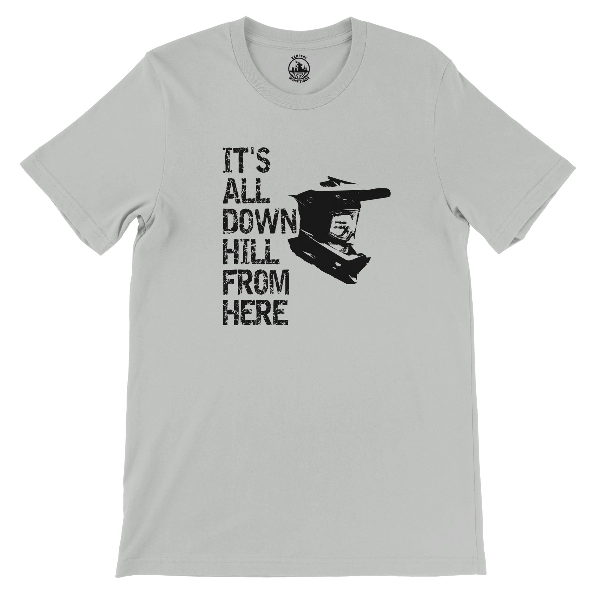 Mountain Biking T-Shirt  - 'It's All Downhill From Here' Helmet Design, Soft & Eco-Friendly - Rampage Design Studio