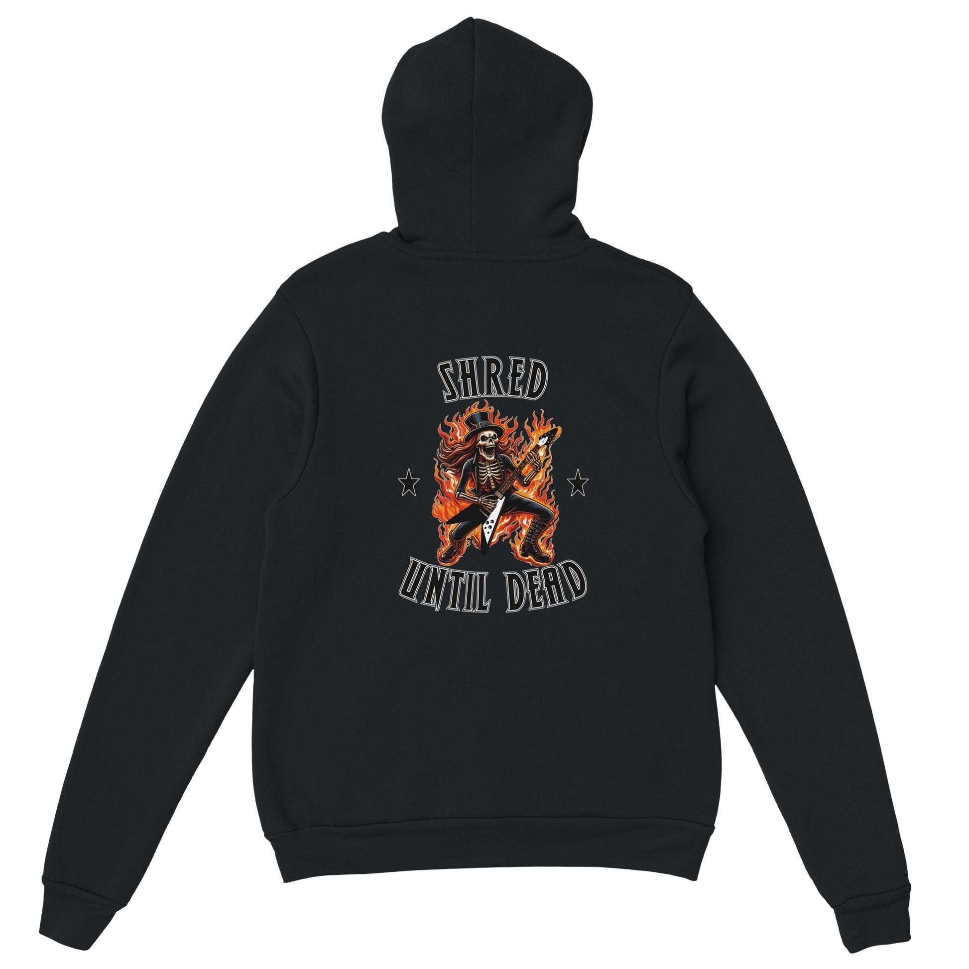 Fiery Skeleton Guitarist Hoodie – 'Shred Until Dead' Graphic, Heavy Blend Material - Rampage Design Studio
