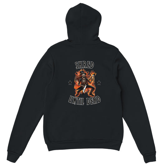 Fiery Skeleton Guitarist Hoodie – 'Shred Until Dead' Graphic, Heavy Blend Material - Rampage Design Studio