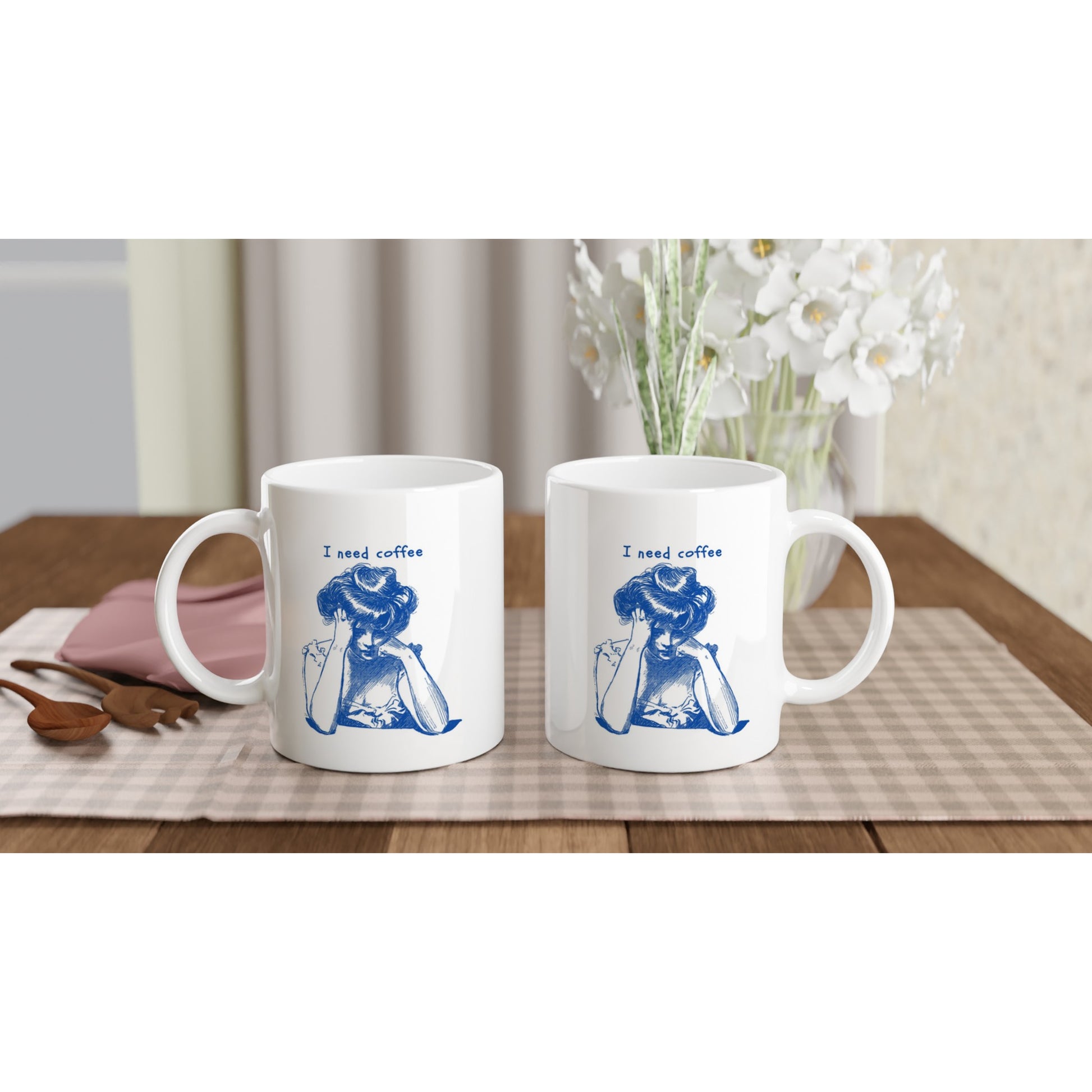 I Need Coffee Mug – Tired Woman Illustration – 11oz Ceramic, Microwave & Dishwasher Safe - Rampage Design Studio