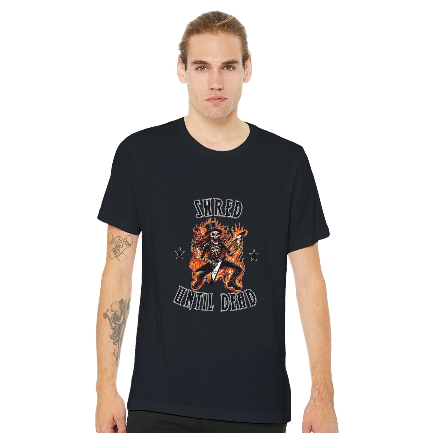 Flaming Skeleton Guitarist T-Shirt – 'Shred Until Dead' Graphic Tee in Soft Cotton - Rampage Design Studio