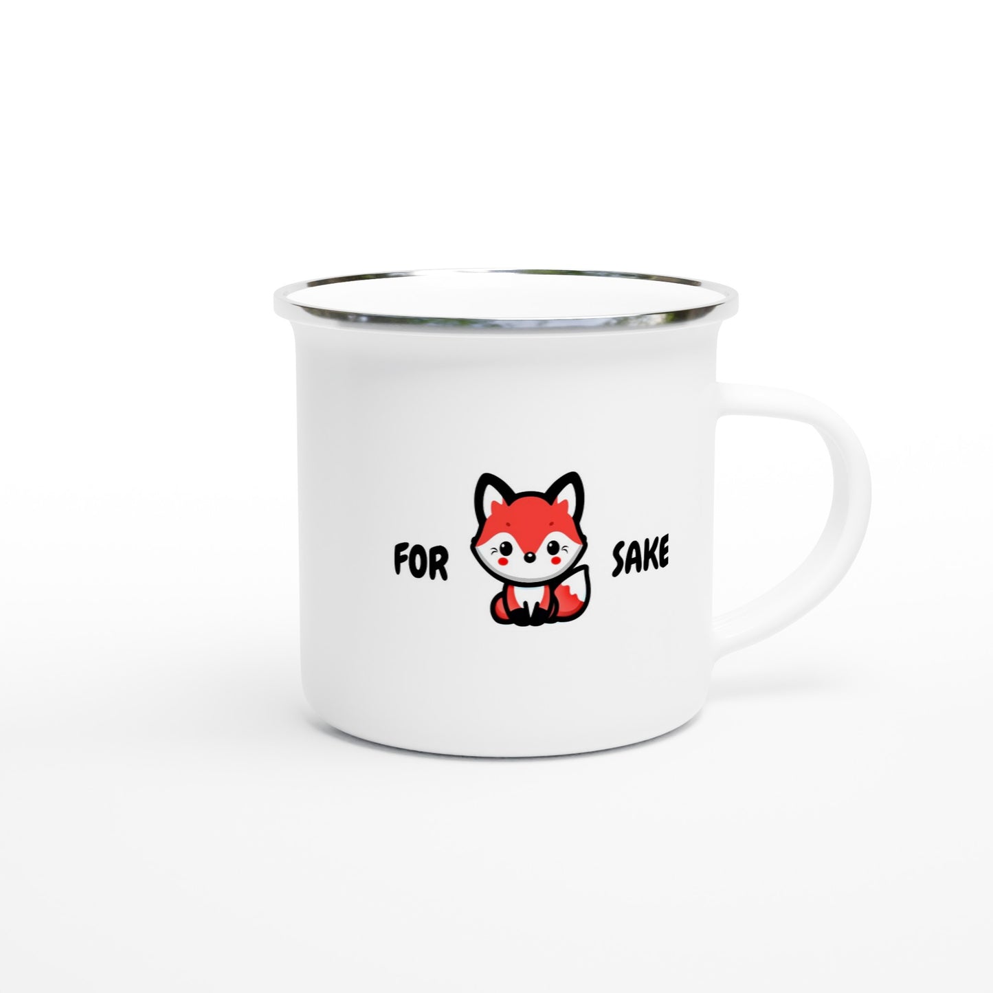Funny Fox Mug – Enamel 12oz, 'For Fox Sake' Design, Perfect for Camping and Coffee - Rampage Design Studio