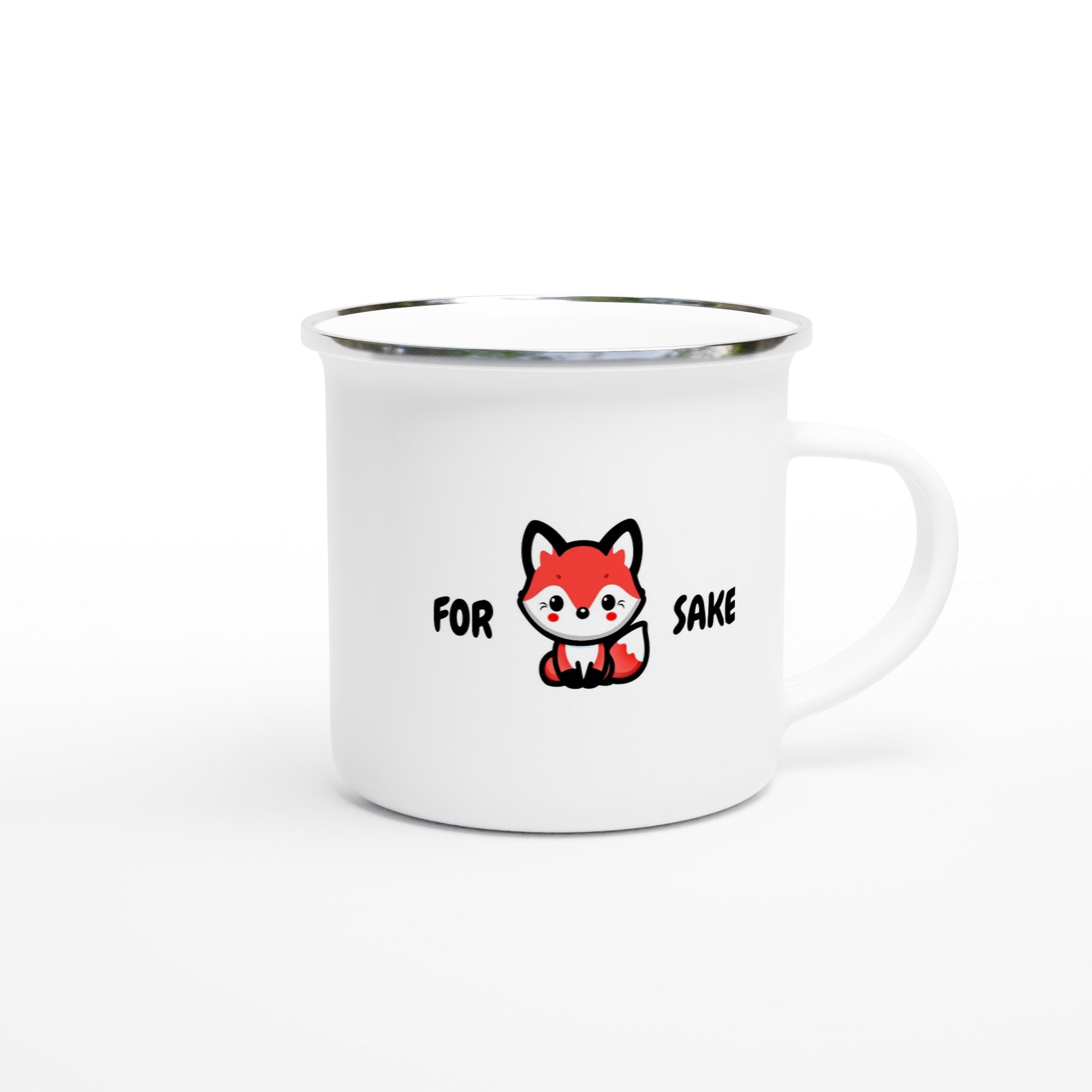Funny Fox Mug – Enamel 12oz, 'For Fox Sake' Design, Perfect for Camping and Coffee - Rampage Design Studio