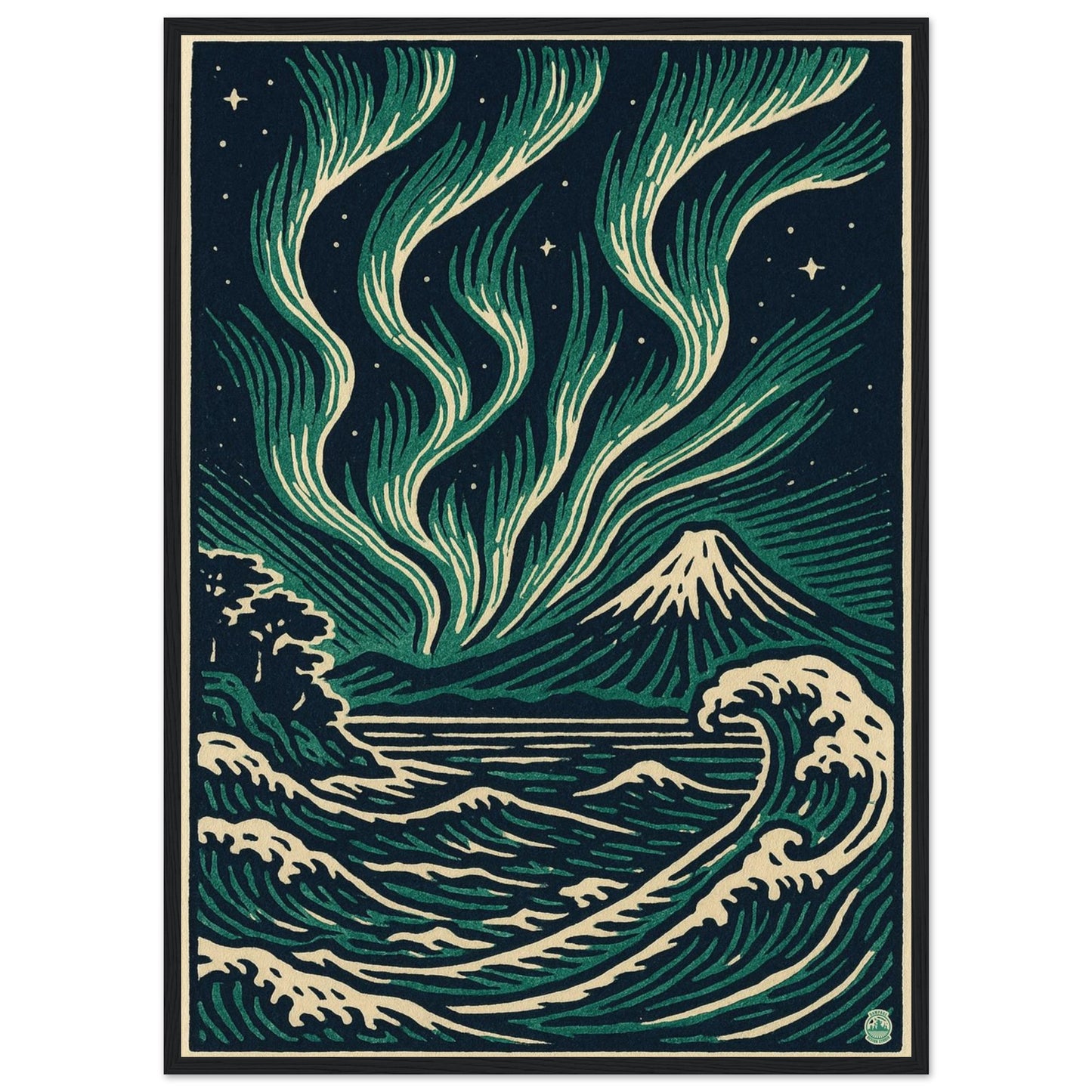 Aurora Night Waves – Japanese Linocut Style Framed Wall Art Print - Rampage Design Studio
