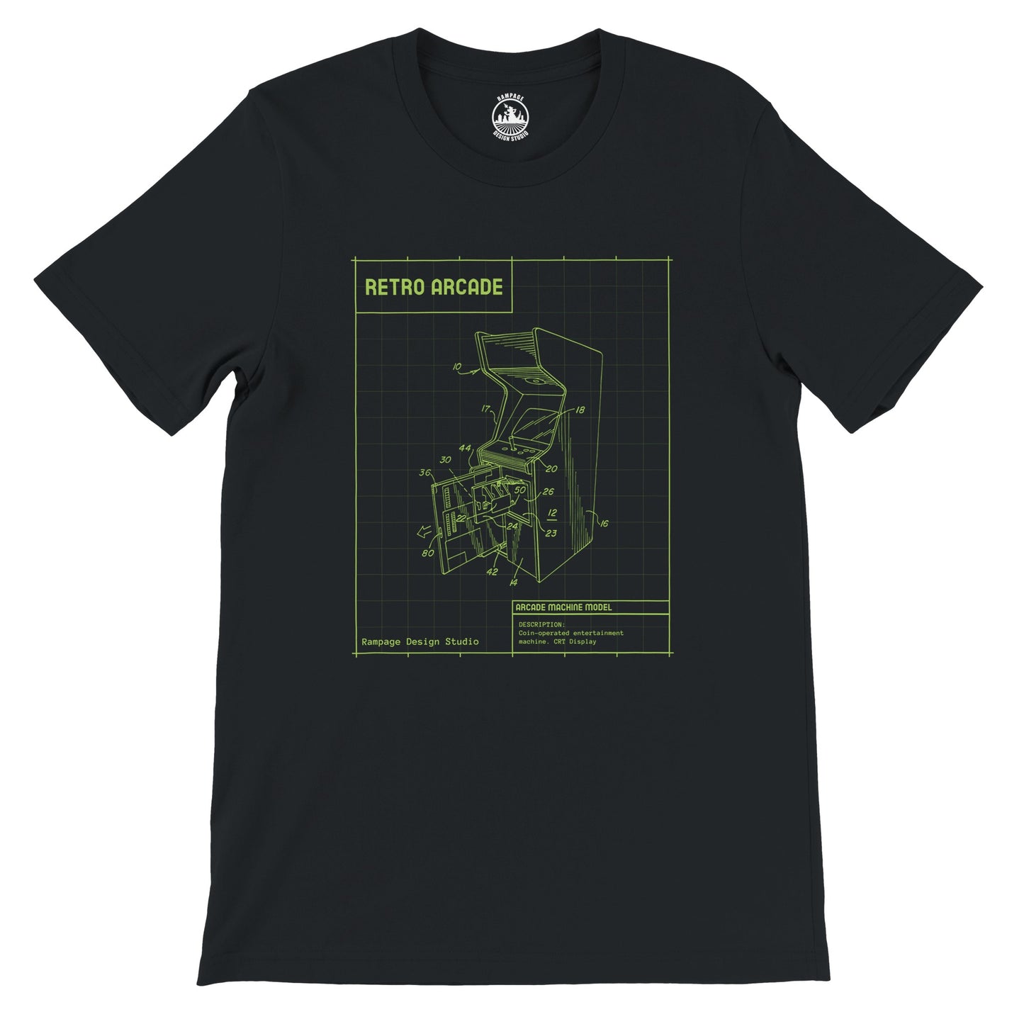 Retro Arcade Machine Blueprint T-Shirt – Soft, Eco-Friendly, Unisex Fit - Rampage Design Studio