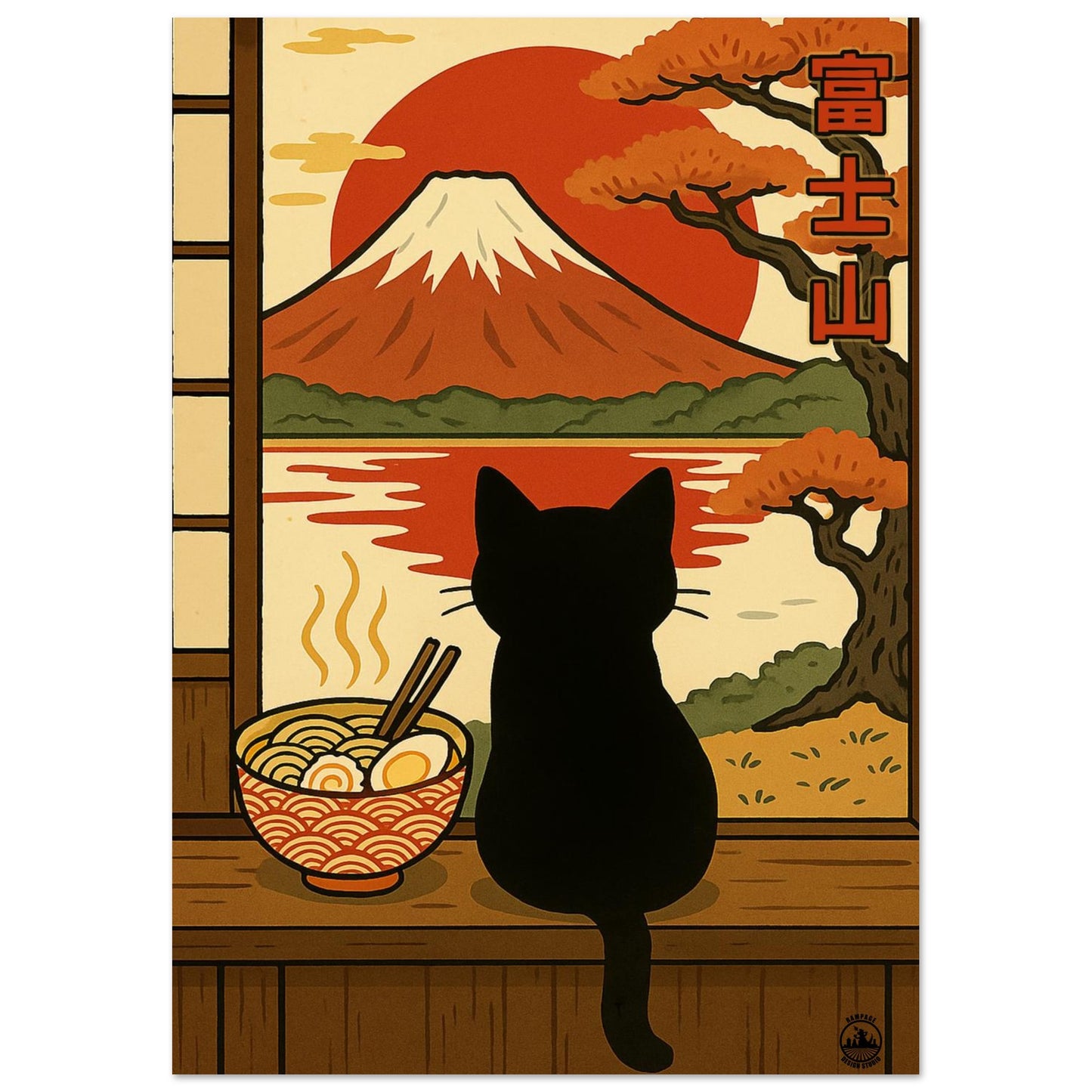 Japanese Wall Art Matt Poster- Mount Fuji Cat Poster - Ramen and Red Sun Artwork - Japanese Home Decor Gift - Rampage Design Studio