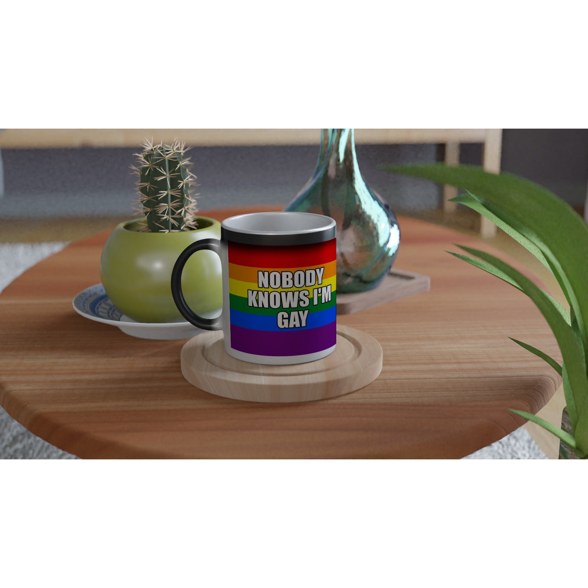 Funny Heat Reveal Mug, 'NOBODY KNOWS I'M GAY' Design, Rainbow Colour Mug, Black Glossy Finish, LGBTQ+ Design Mug, Colour Changing Mug - Rampage Design Studio