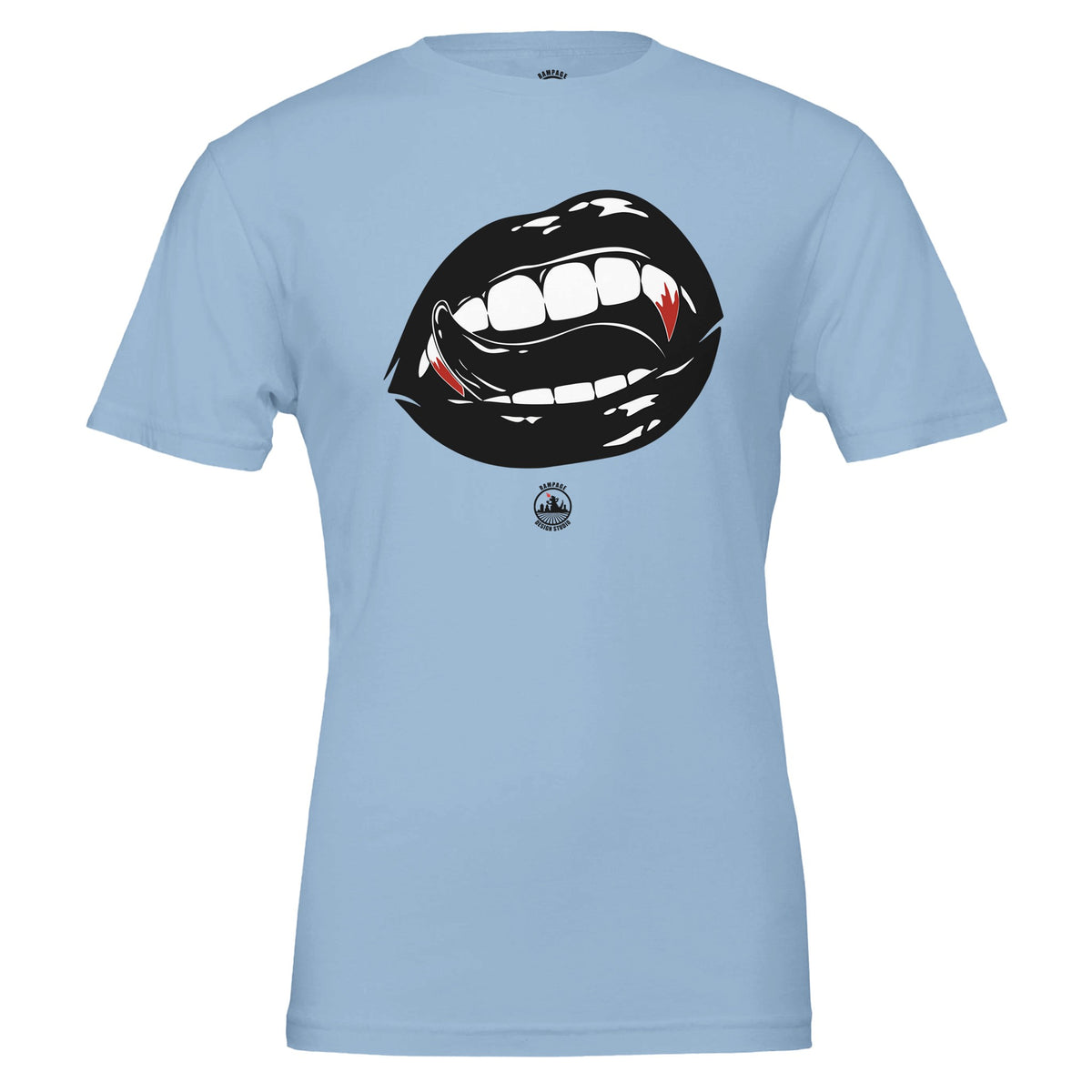 A light blue short-sleeve crewneck t-shirt featuring a graphic of a smiling mouth with black lips, white teeth, and red vampire fangs, with a small circular logo below the graphic.