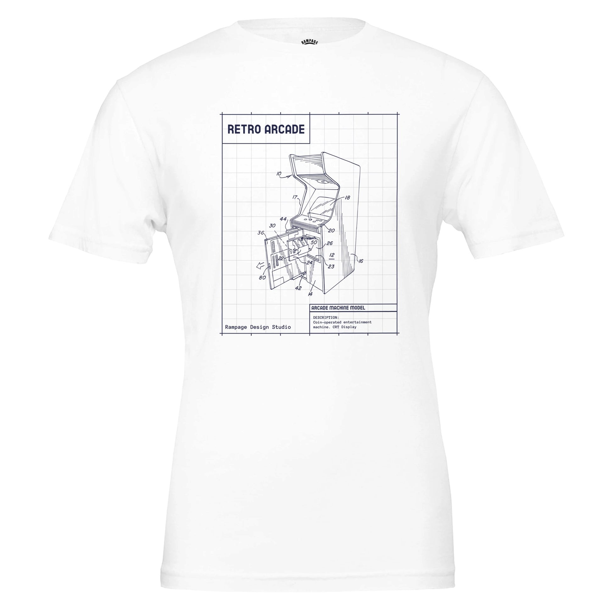 Retro Arcade Machine Blueprint T-Shirt – Soft, Eco-Friendly, Unisex Fit - Rampage Design Studio