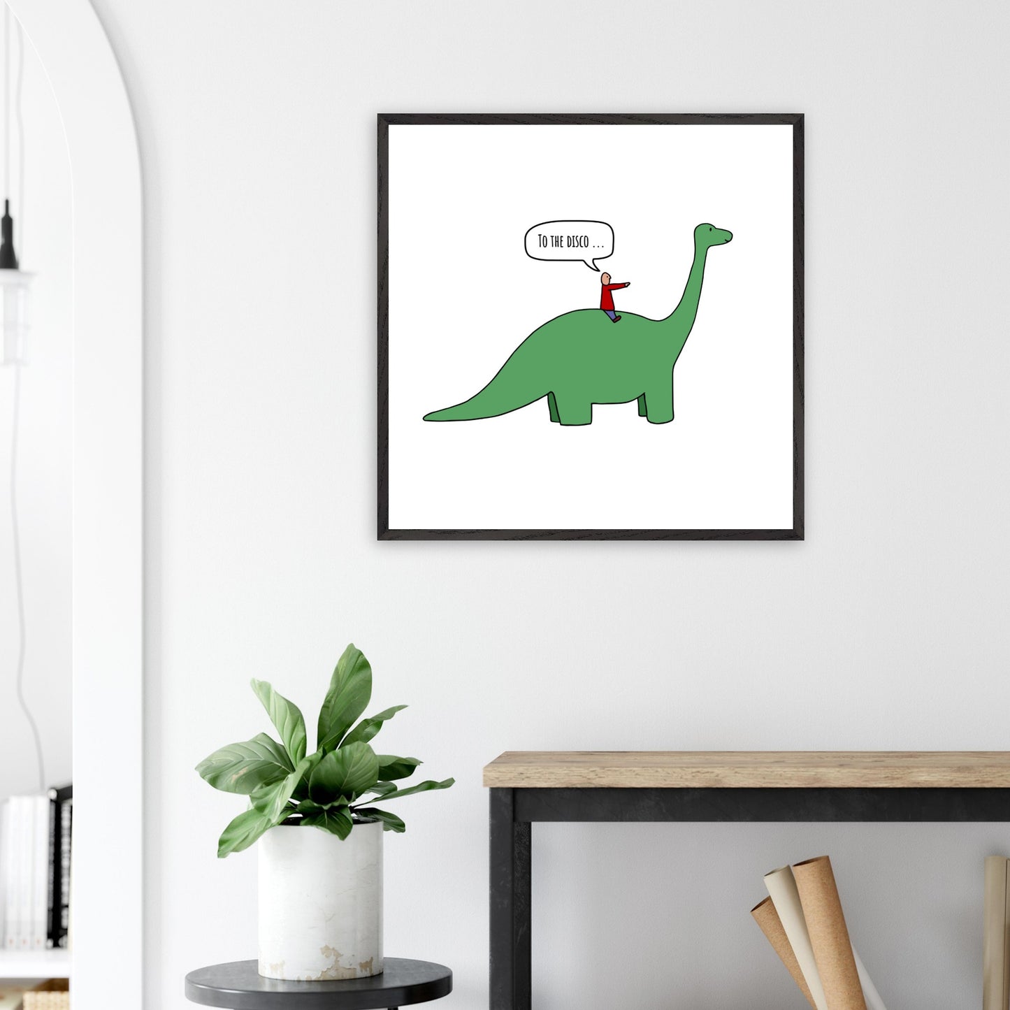 Funny Dinosaur Framed Poster, To The Disco, Dance Themed Art, Music Art, Dinosaur Art, Cartoon Decor, Ready-to-Hang, Sustainable Wood Frame, Perfect for Kids' Rooms - Rampage Design Studio