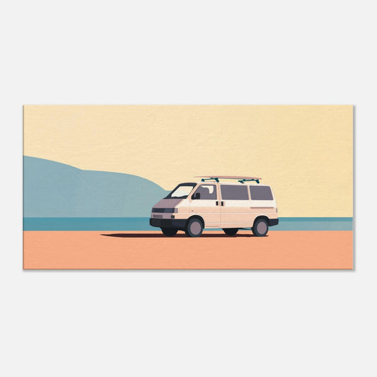 “Waiting for the Waves” – Minimalist VW Camper Van Canvas Print, Surf-Inspired Coastal Wall Art, Digital Artwork by Rampage Design Studio - Rampage Design Studio