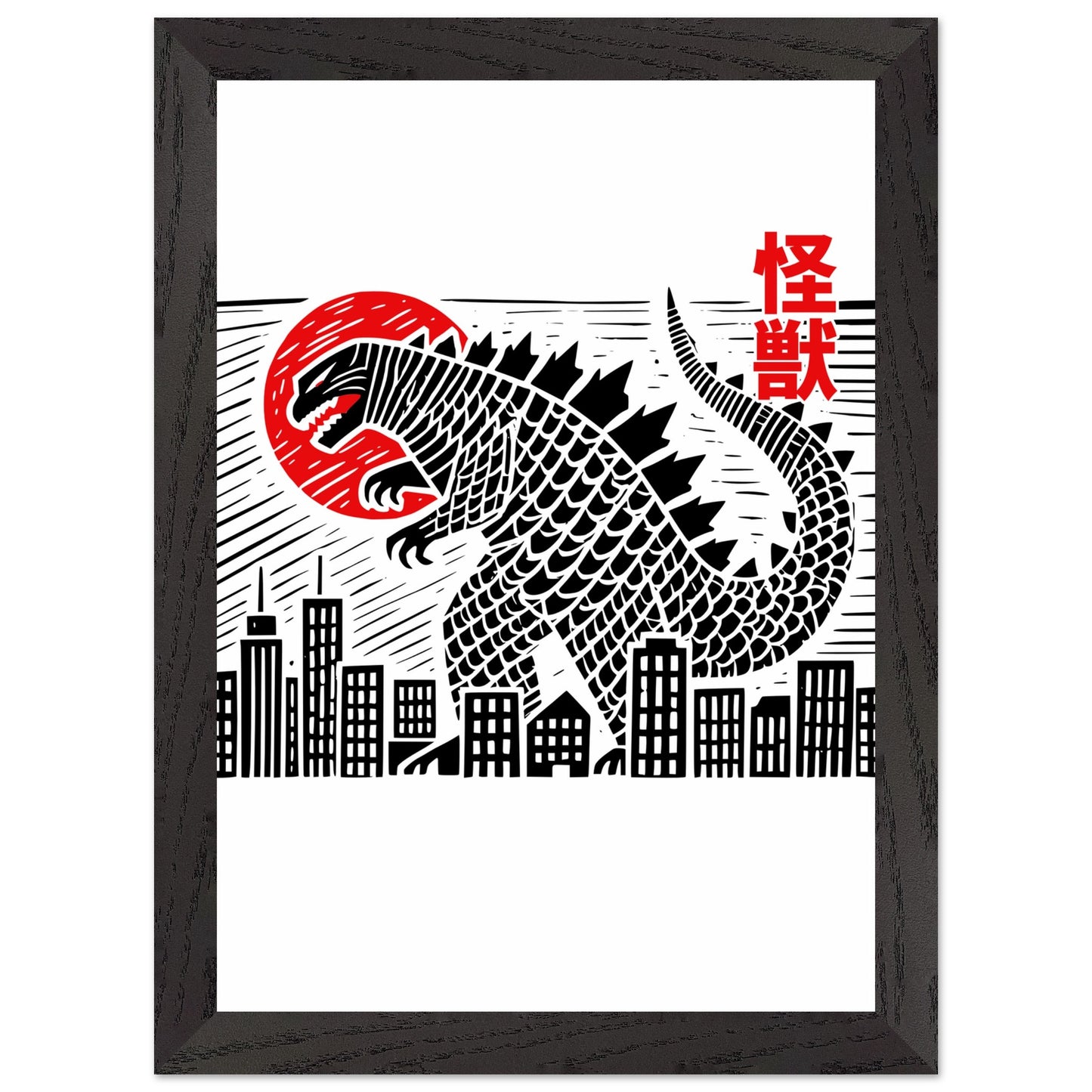 Japanese Block Print Style Mounted Framed Poster – Kaiju Godzilla Cityscape Art - Rampage Design Studio