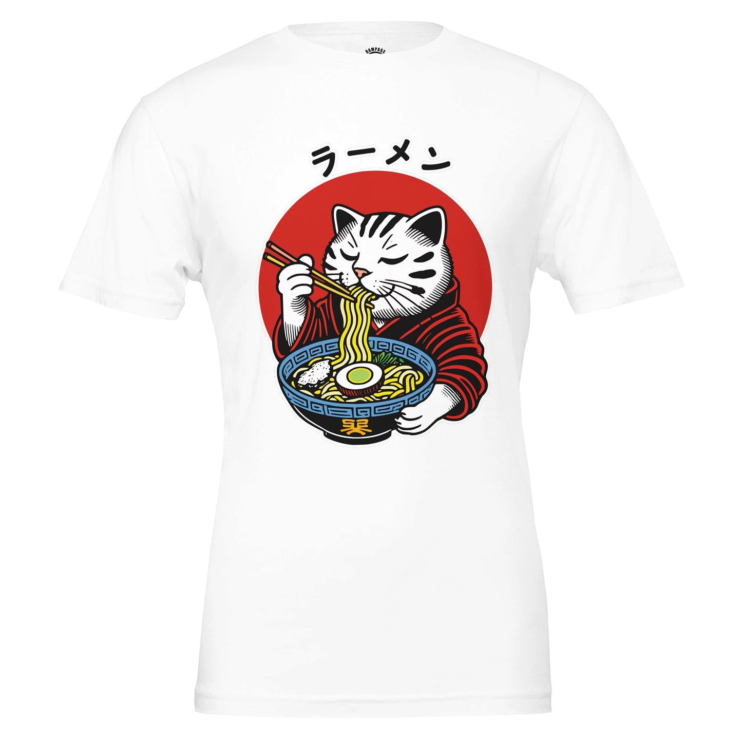 Ramen Cat T-Shirt, Japanese print Tee, Cat lover t-shirt, Soft Cotton Tee with Block Print and Japanese Text, Japanese Food shirt - Rampage Design Studio