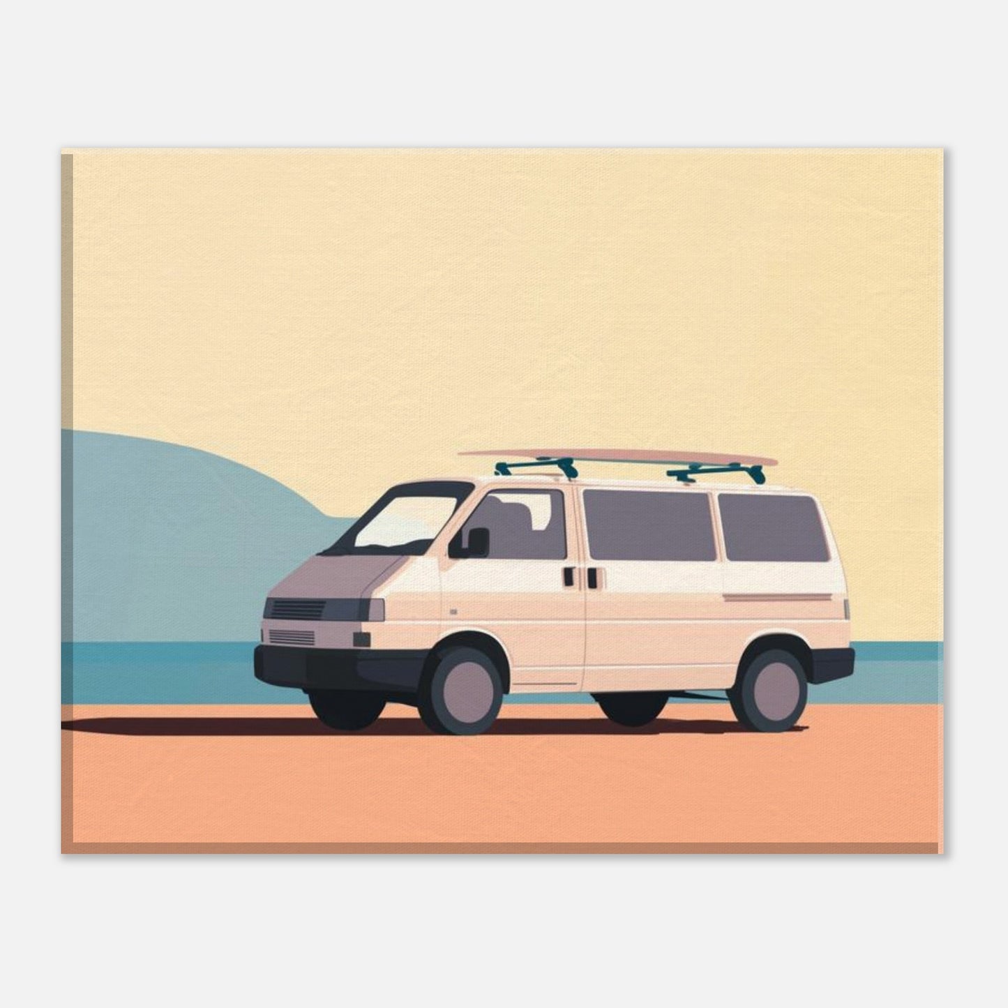 “Waiting for the Waves” – Minimalist VW Camper Van Canvas Print, Surf-Inspired Coastal Wall Art, Digital Artwork by Rampage Design Studio - Rampage Design Studio