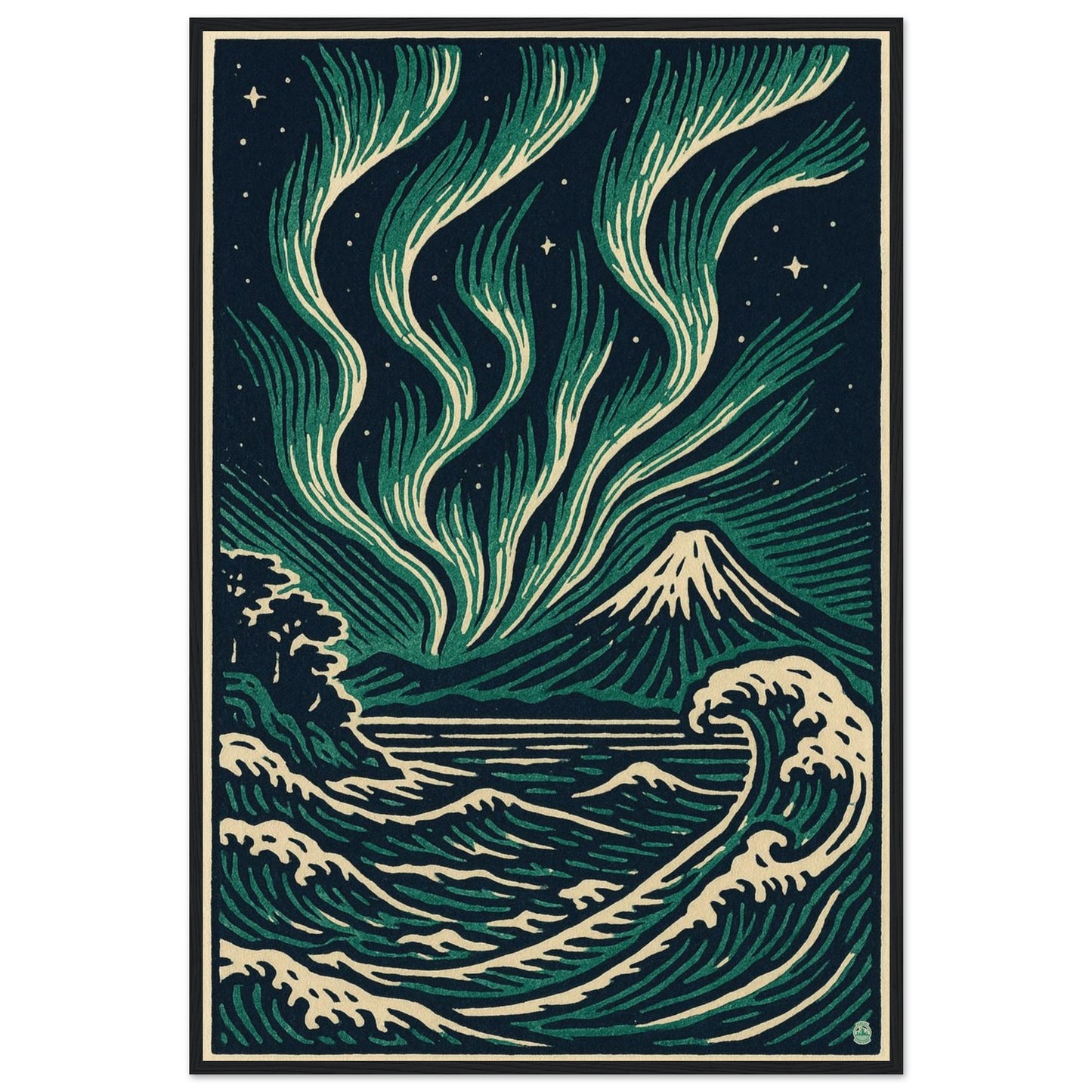 Aurora Night Waves – Japanese Linocut Style Framed Wall Art Print - Rampage Design Studio