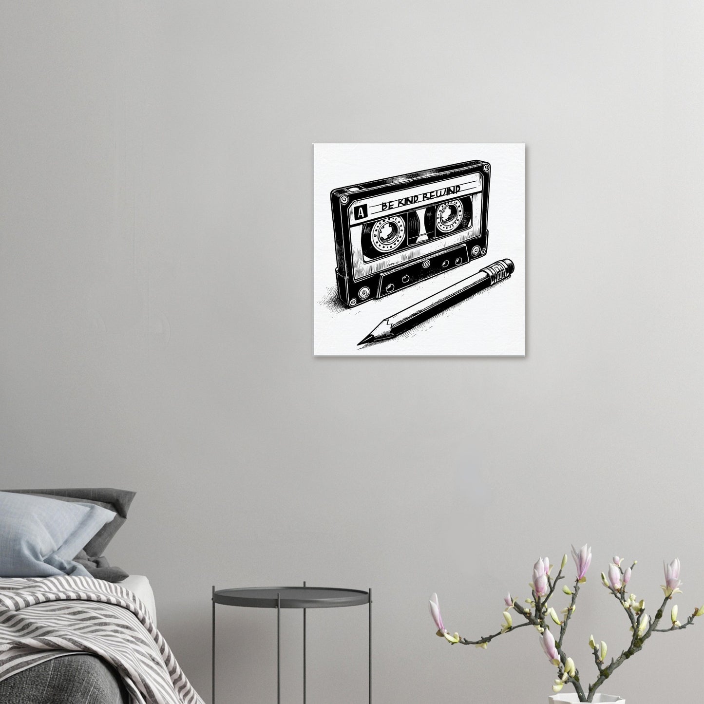 Be Kind Rewind Canvas Print, Retro Cassette Tape & Pencil Illustration, cassette tape sign, music lovers gift, record shop sign - Rampage Design Studio