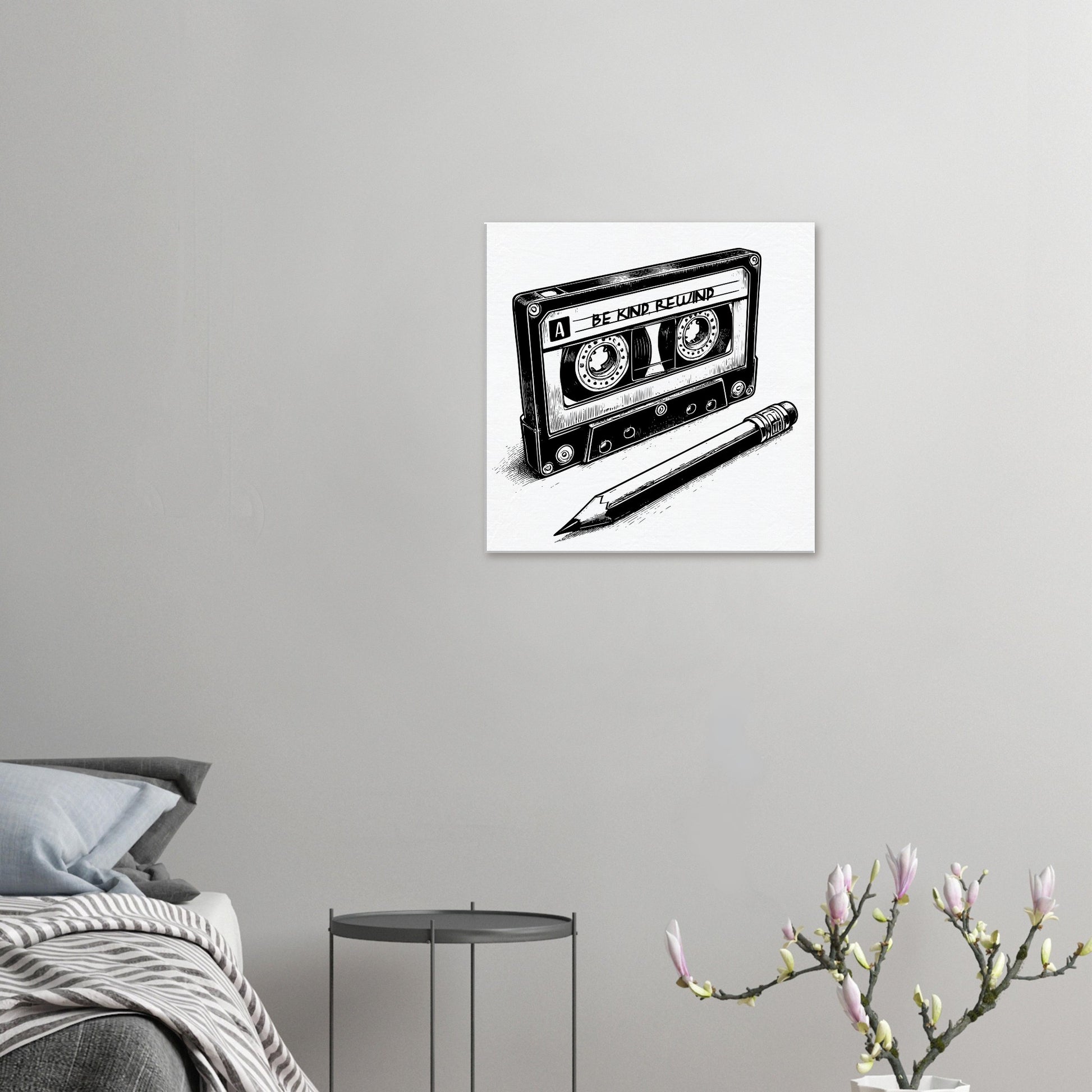 Be Kind Rewind Canvas Print, Retro Cassette Tape & Pencil Illustration, cassette tape sign, music lovers gift, record shop sign - Rampage Design Studio