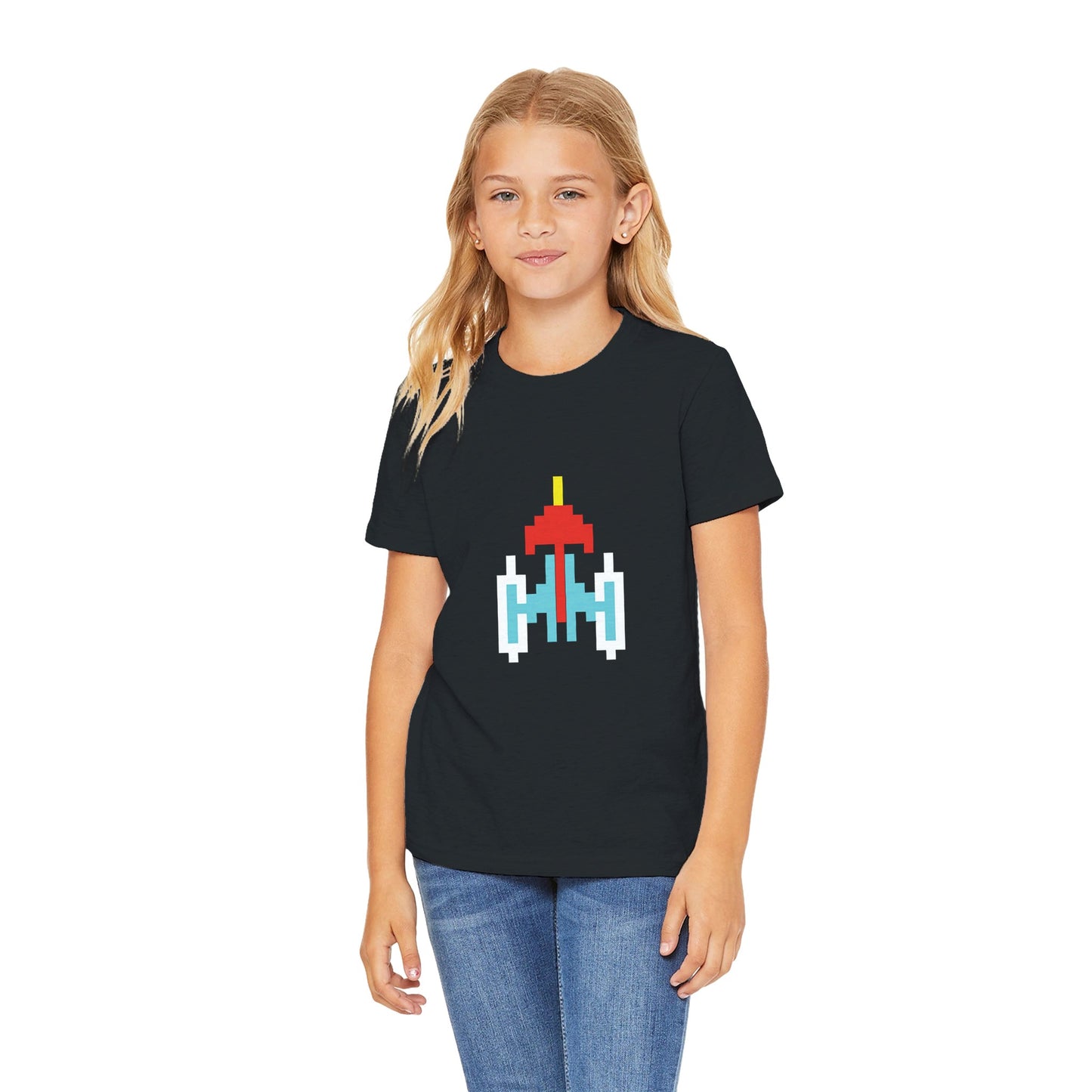 Galaxian Spaceship Kids Crewneck T-Shirt – Retro Gaming Tee for Young Fans - Rampage Design Studio