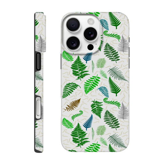 A phone case with a green fern leaf pattern on a white background, shown from both the back and side views against a plain white background.