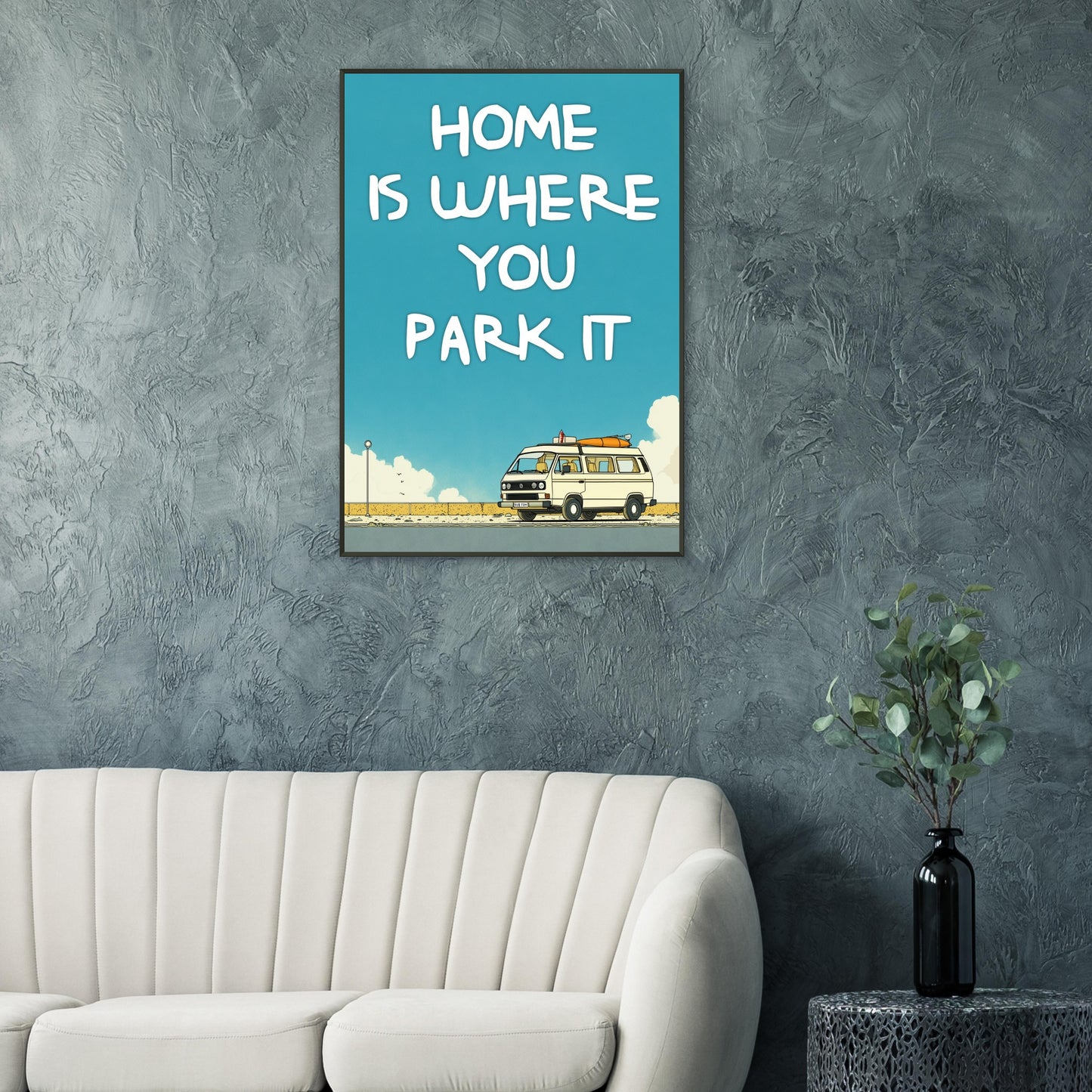 “Home Is Where You Park It” Camper Van Classic Matte Paper Metal Framed Poster – Retro VW Print, Van Life Wall Art, Coastal Adventure Decor, Gift for Van Lifers, Camping Gift - Rampage Design Studio