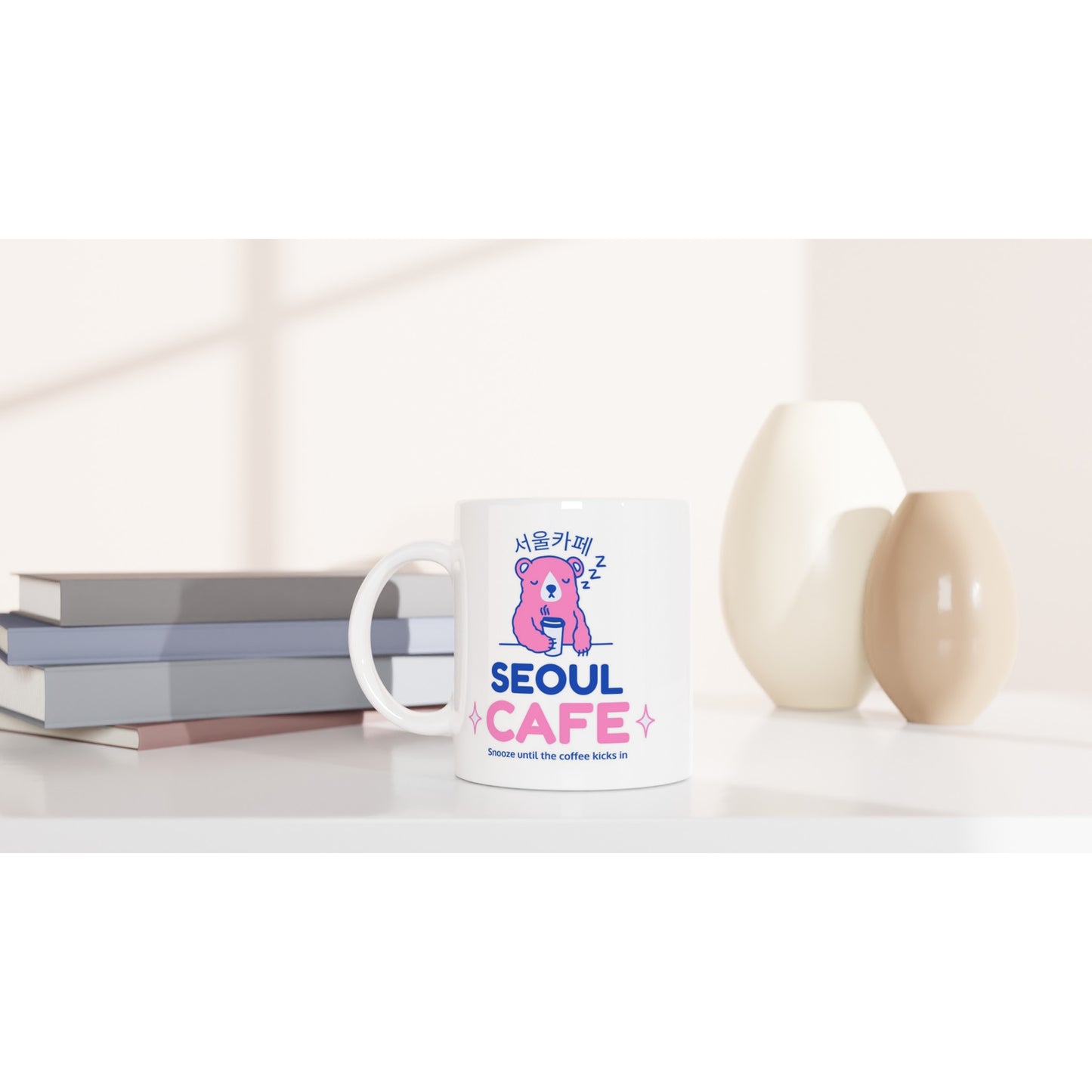 Sleepy Bear Mug - Seoul Cafe Design, Korean Cafe Theme, Cute Coffee Mug, 11oz Ceramic Coffee Cup - Dishwasher & Microwave Safe - Rampage Design Studio