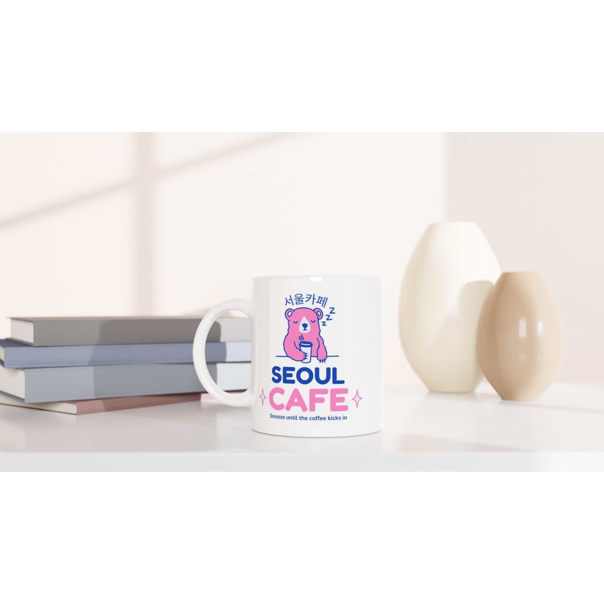 Sleepy Bear Mug - Seoul Cafe Design, Korean Cafe Theme, Cute Coffee Mug, 11oz Ceramic Coffee Cup - Dishwasher & Microwave Safe - Rampage Design Studio