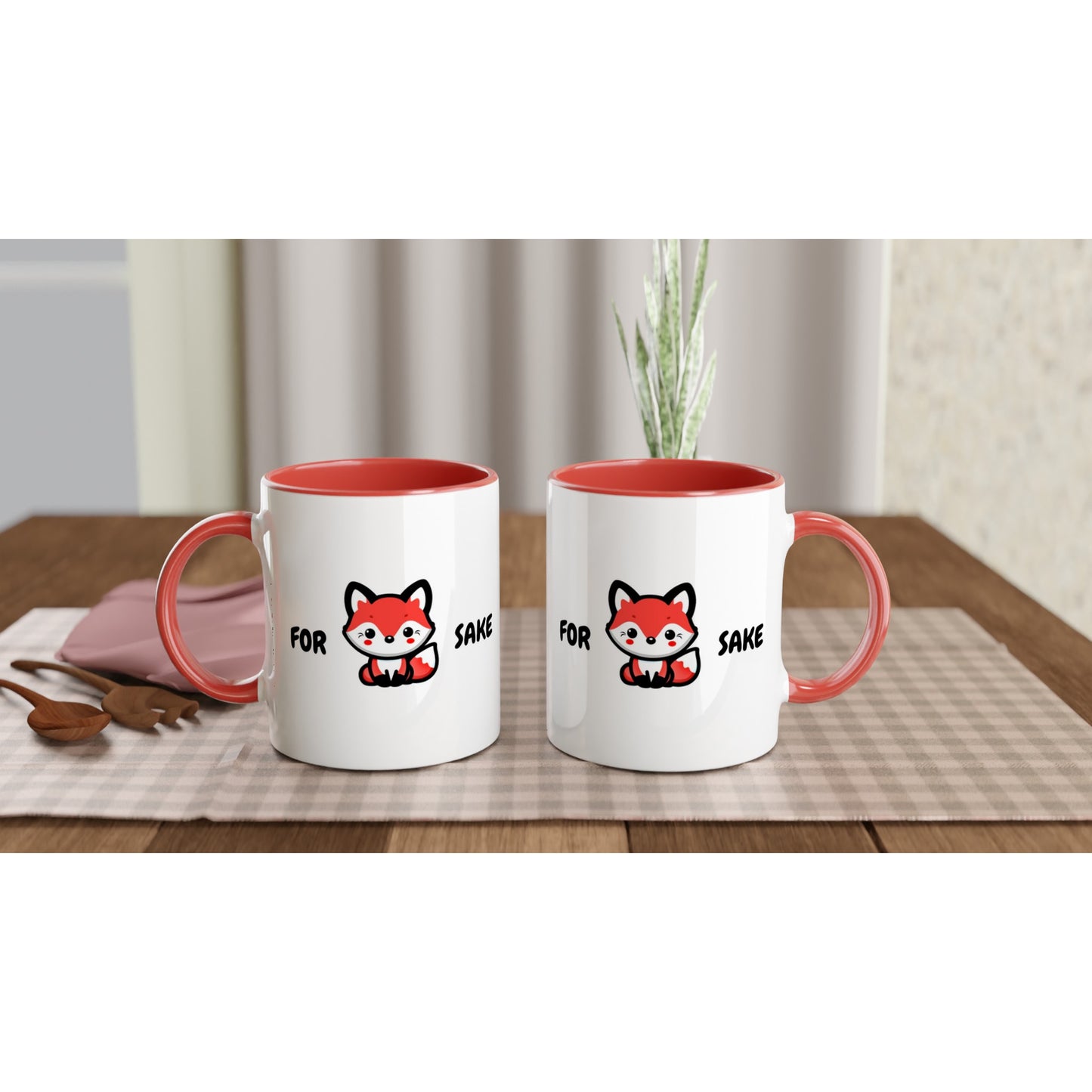 Funny Fox Mug – Red Handle & Interior – 'For Fox Sake' Design – Ceramic Coffee Cup 11oz - Rampage Design Studio