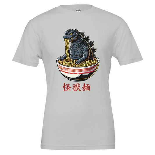 Kaiju Ramen T-Shirt, Humorous Godzilla Monster Eating Ramen, Soft Cotton Tee, Gojira T-Shirt, Gift for monster fans, Japanese Culture shirt - Rampage Design Studio