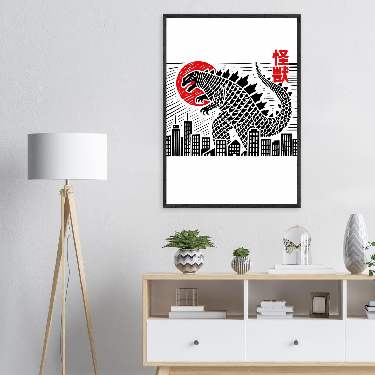 Japanese Block Print Style Mounted Framed Poster – Kaiju Godzilla Cityscape Art - Rampage Design Studio